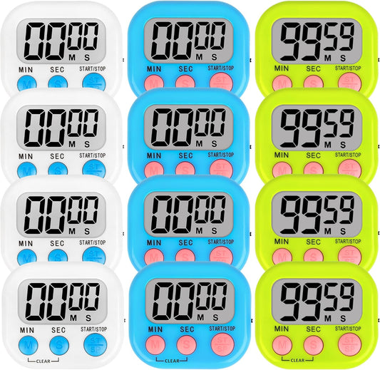 ZILLEEN 12 Pack Kitchen Timers for Cooking Digital Classroom Timers for Teachers Kids White Blue Green