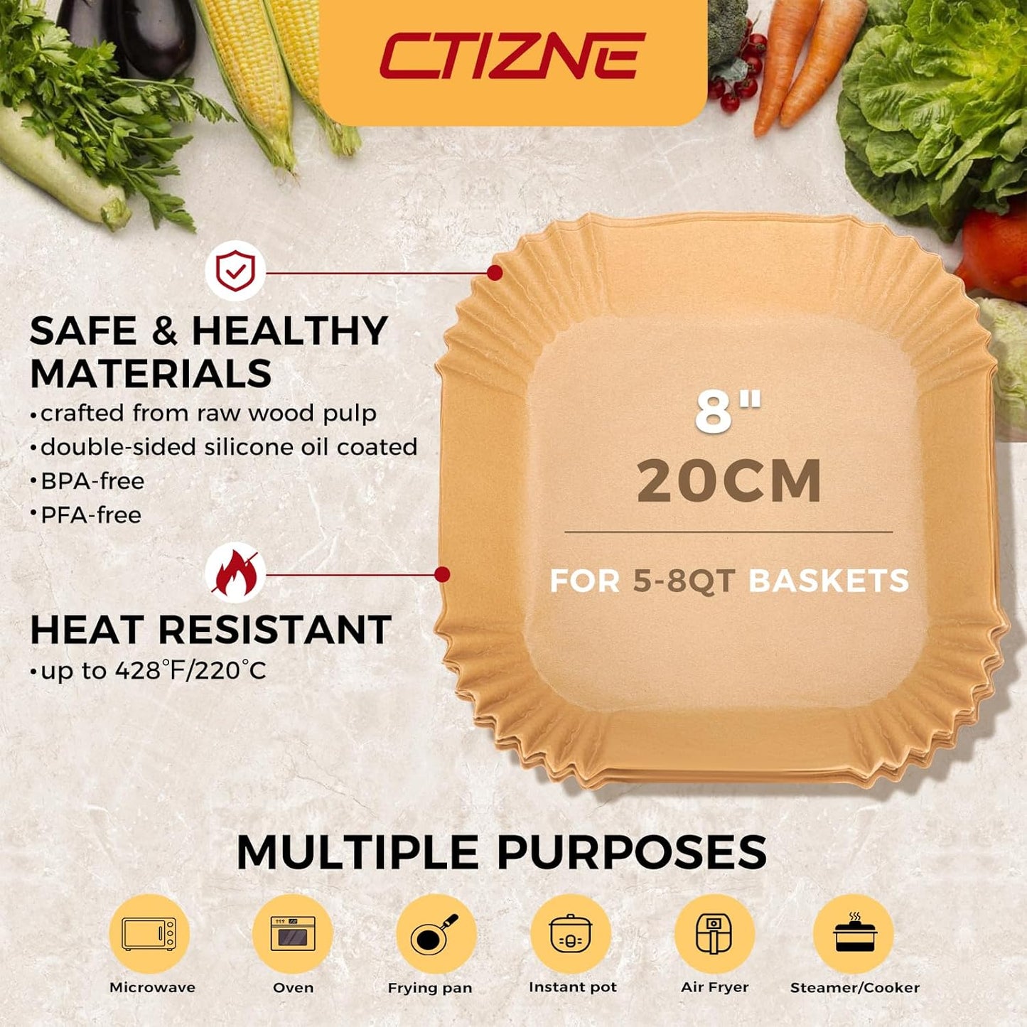 Air Fryer Liners Disposable - 500Pcs 8In Square Parchment Paper for Air Fryer Non-Stick Airfryer Basket Liners for Steamer Microwave Oven