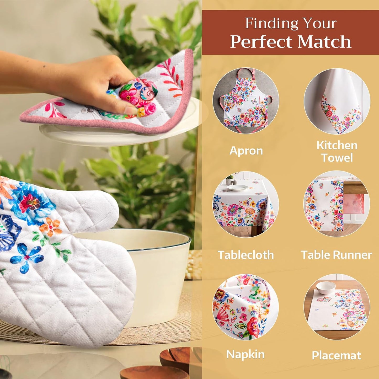 Maison d' Hermine Oven Gloves 100% Cotton Oven Mitt 7" x 13" with Loop Heat Resistant, BBQ, Cooking Gloves, Grilling, Kitchen, Handling Hot Pans Spring/Summer (Pack of 1, Happy Florals - High Summer)