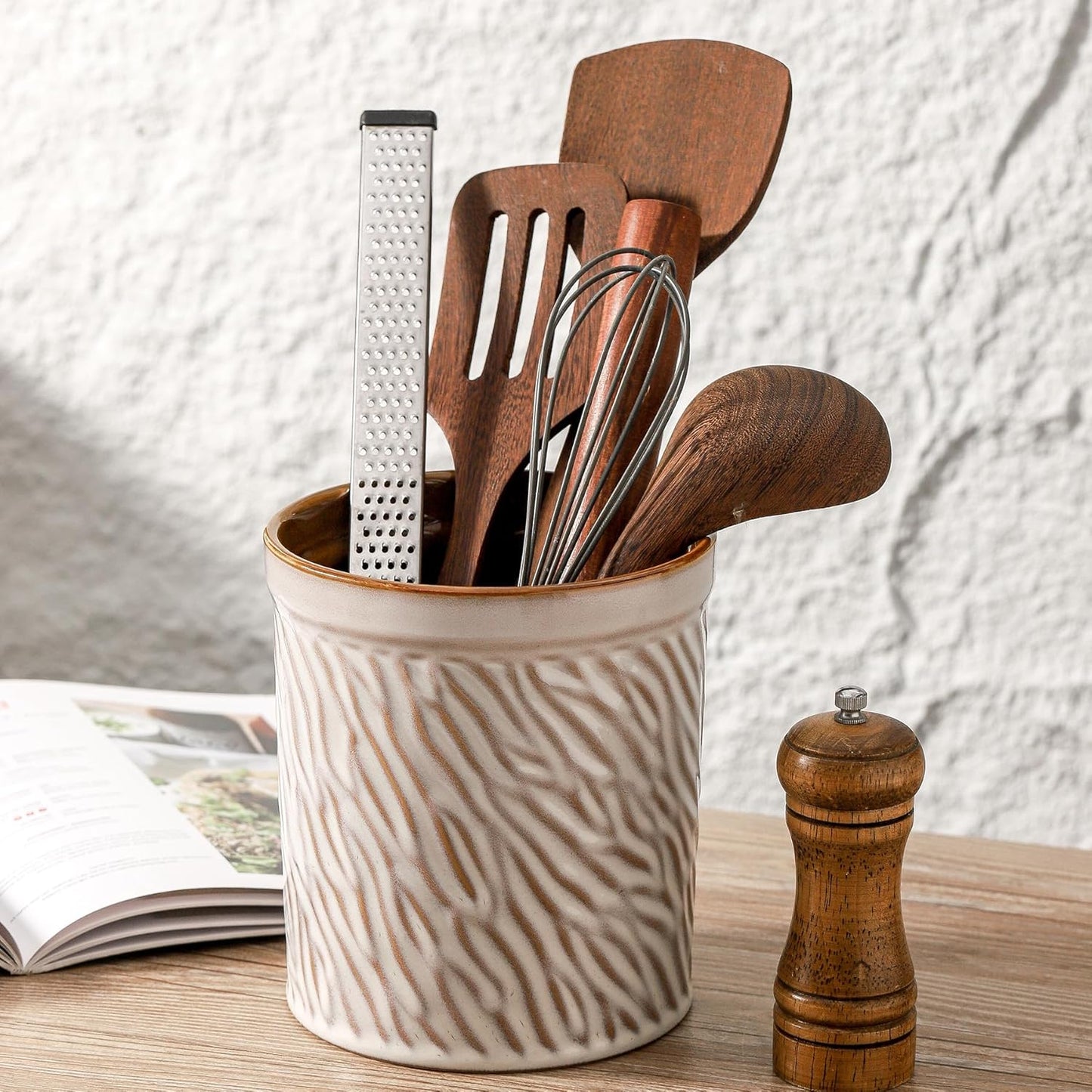 HVH Kitchen Utensil Holder for Countertop, 6 x 7 inch Large Utensils Holder, Ceramic Utensil Crock, Farmhouse Kitchen Décor, Big Utensil Holder, Deep and Heavy, Texture (Sand Color)
