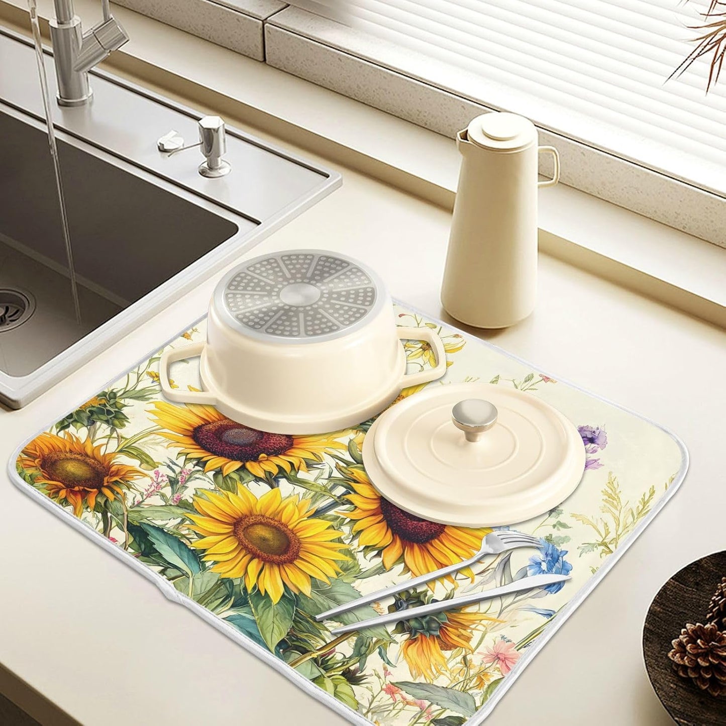 Blooming Sunflowers Dish Drying Mat for Kitchen Counter Absorbent Microfiber Small Drying Pad Dish mats for Kitchen Countertops 16 x 18 Inch