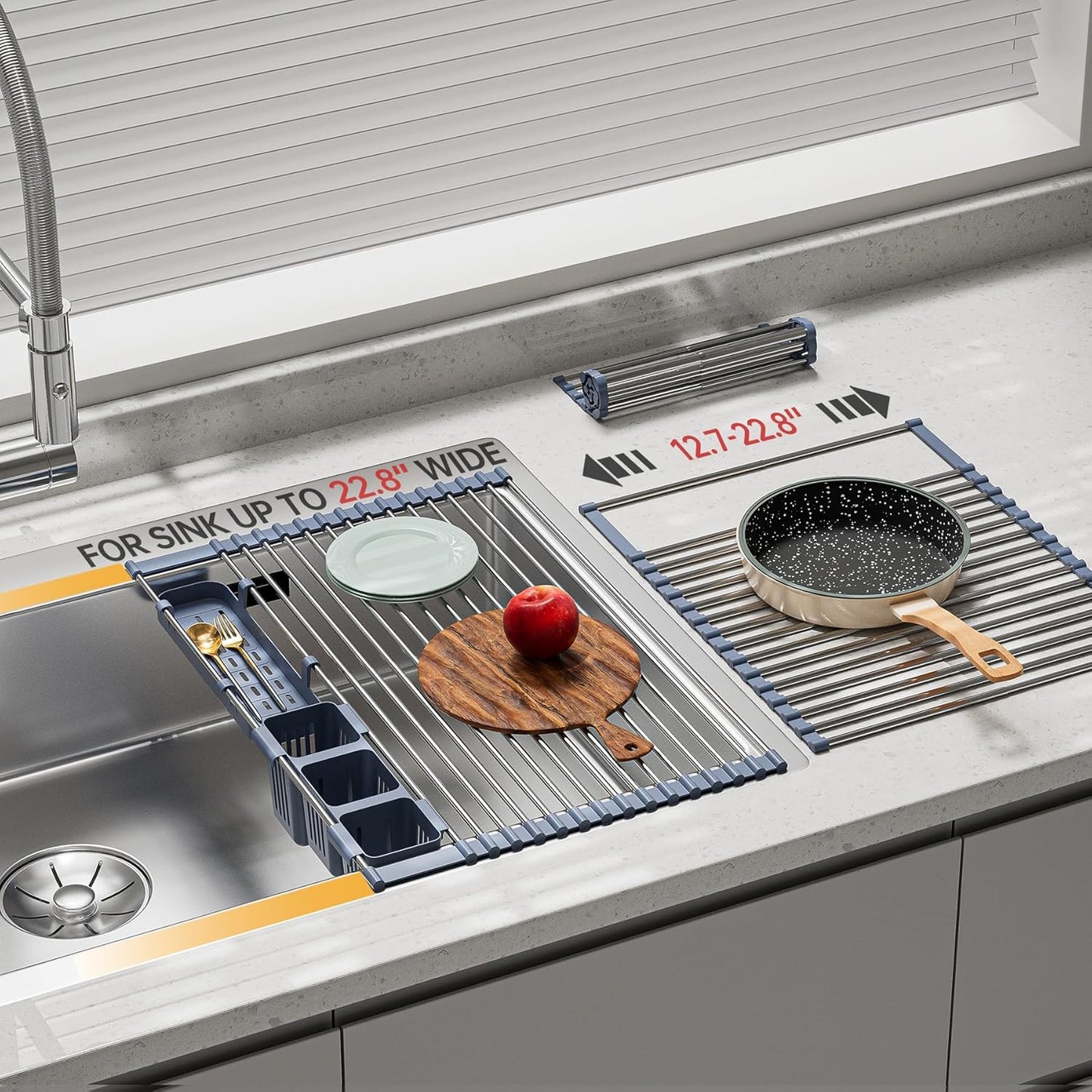 Expandable Over Sink Dish Drying Rack, Large Roll Up Dish Drying Rack with 2 Storage Baskets, Rolling Drain Mats for Kitchen Sink Counter, BPA-Free(12-22 * 15.3'', Blue)