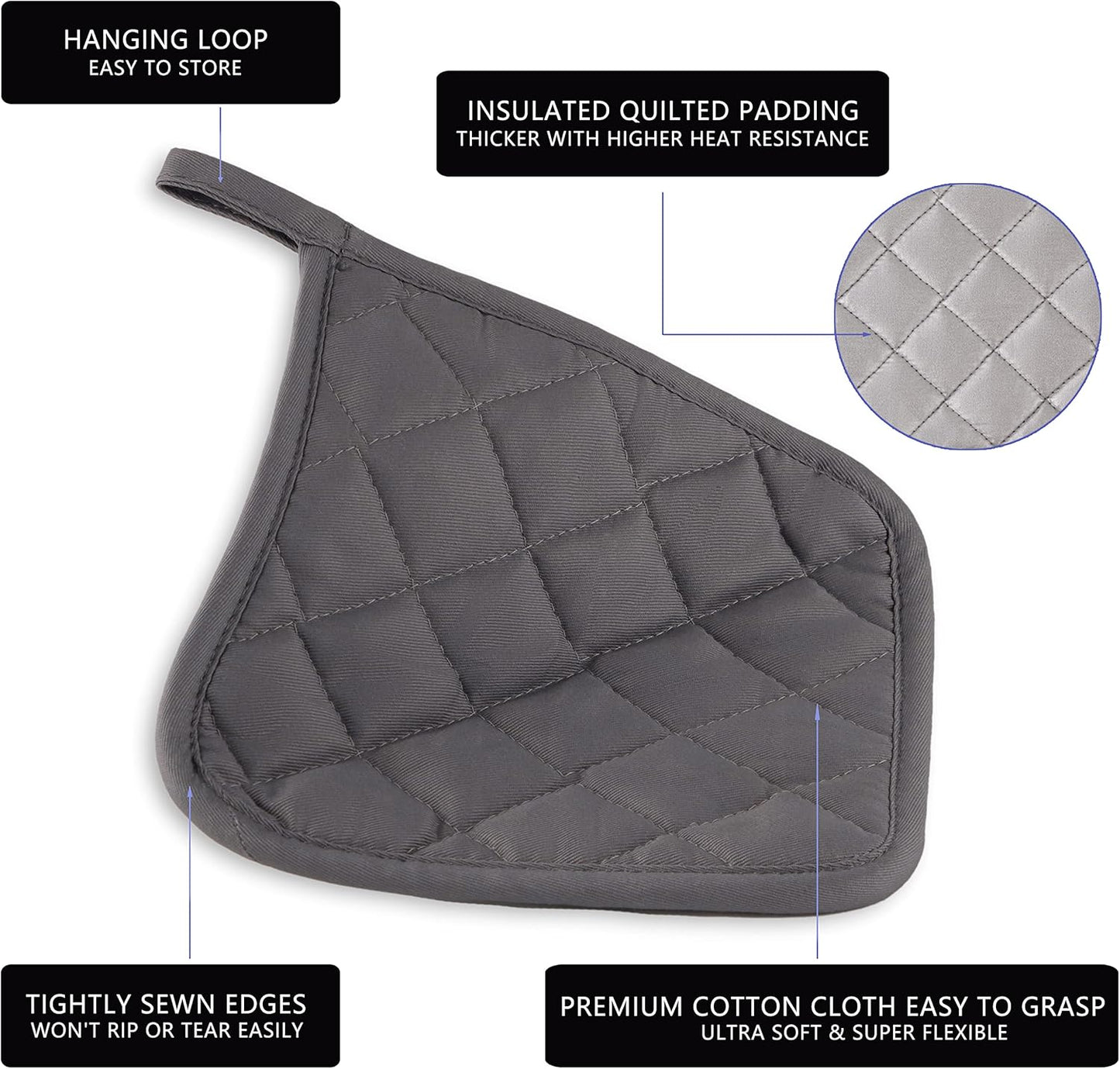 Kitchen Pot Holders Set Heat Resistant Pure Cotton Potholders Kit Trivets Large Coasters Hot Pads Terry Pot Holders for Everyday Cooking and Baking by 7 x 7 Inch Set of 6 Grey