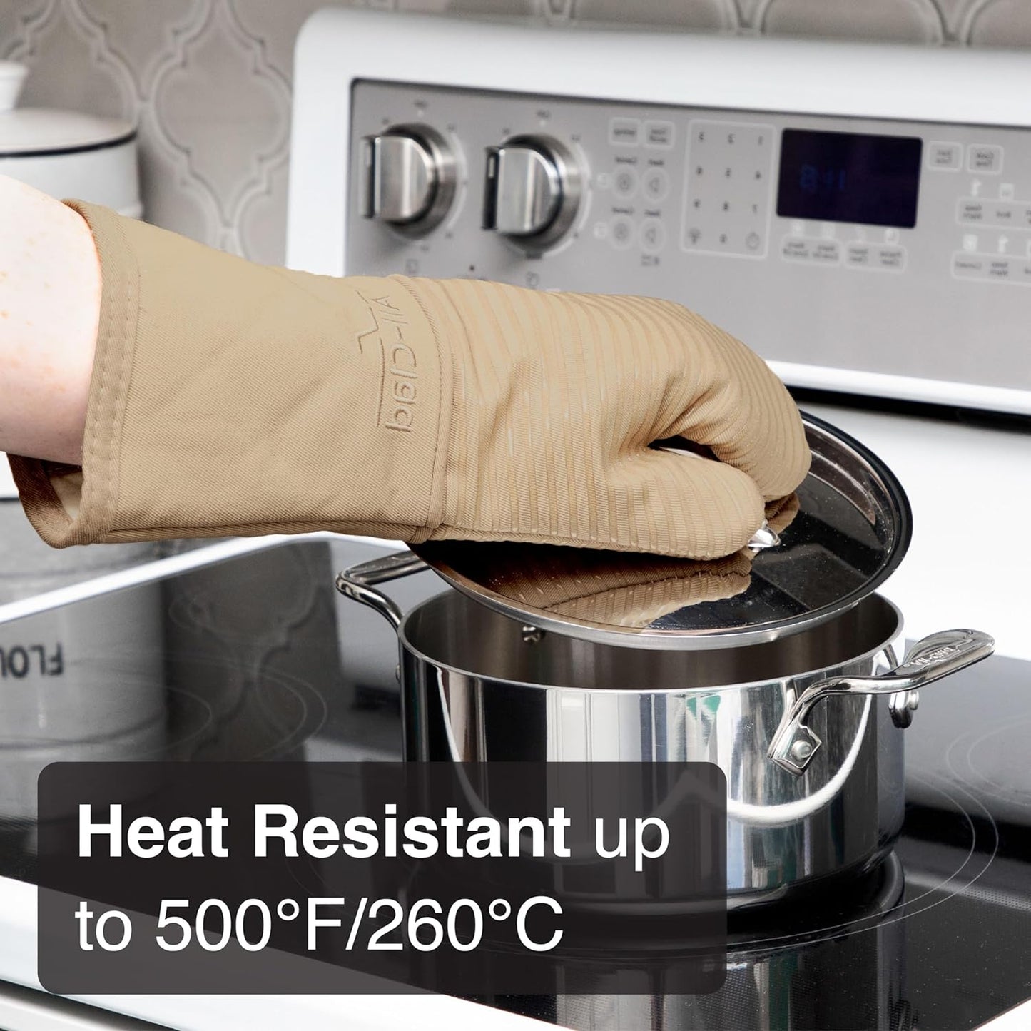 All-Clad Premium Silicone Oven Mitt: Heat Resistant to 500 Degrees - 100% Cotton & Silicone, 14"x7" Pot Holder for Kitchen and Barbeque, (1-Pack), Cappuccino