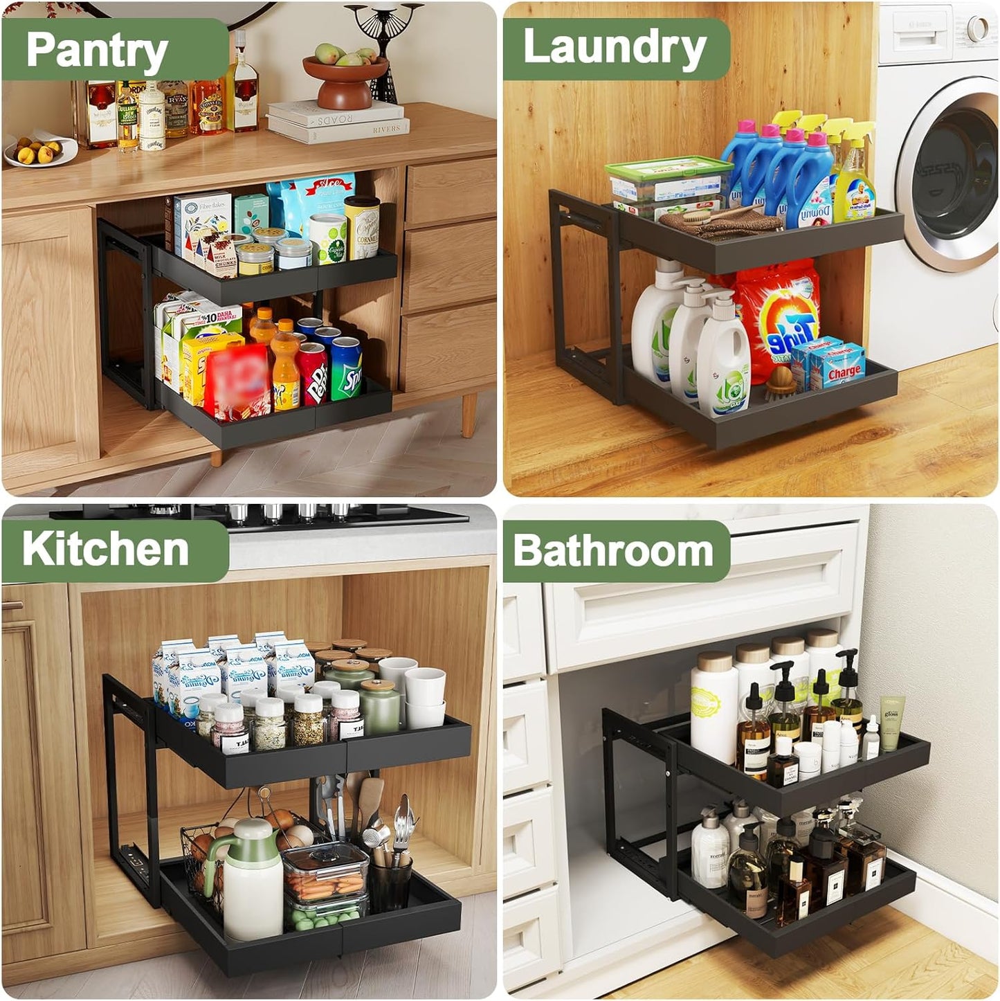 2 Tier Pull Out Cabinet Organizer ,Adjustable Width & Height,Expandable Pull-Out Drawers For Cabinets, Slide Out Shelves for Kitchen Cabinets / Countertop / Pantry,Heavy-Duty & Easy to Install(Black)