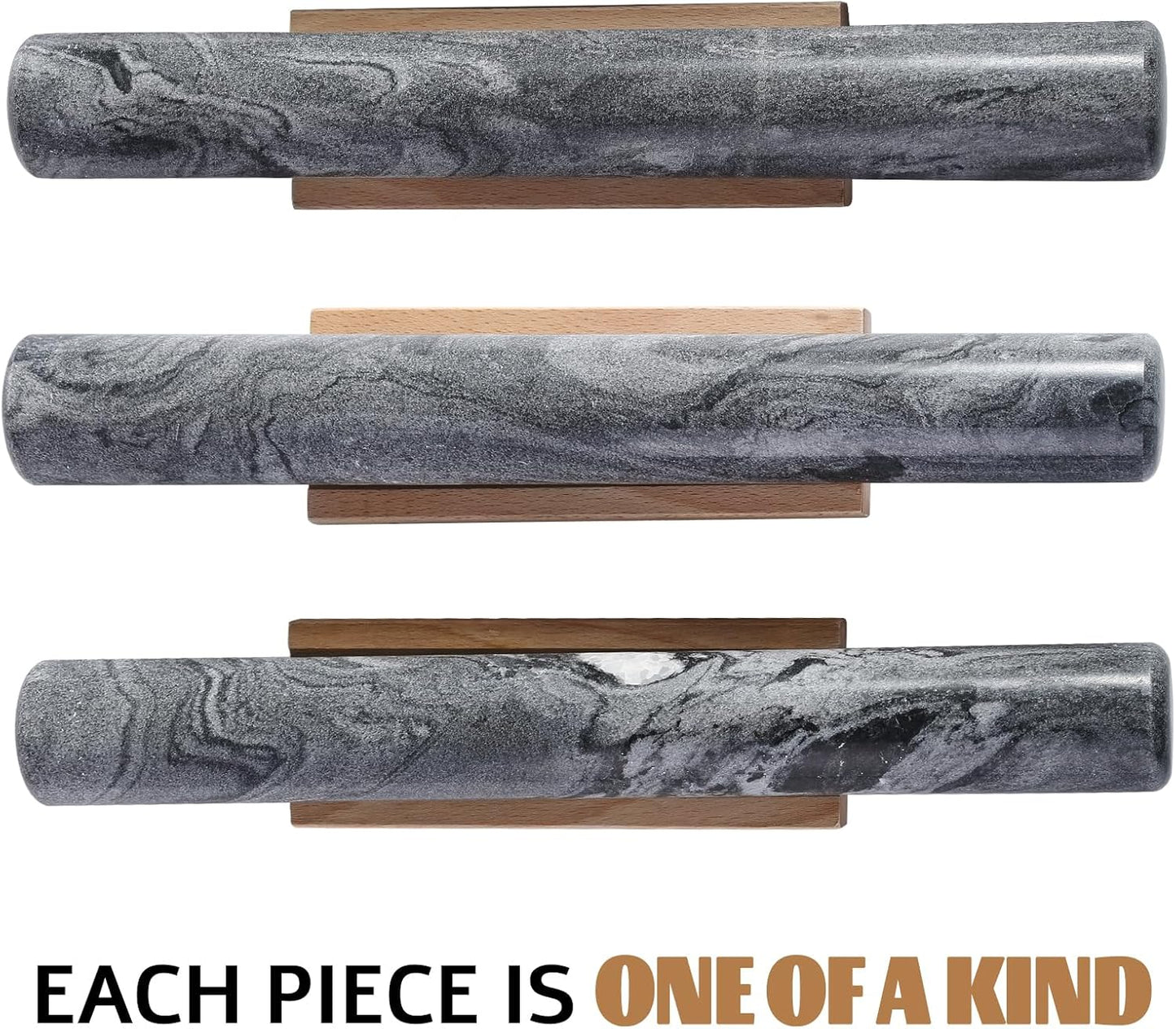 Koville African Natural Marble French Rolling Pin, 12inch Non-Stick Rolling Pin for Baking, Dough Roller for Pasta, Dumpling, Fondant, Pie, Bread, Pizza, Kitchen Baking Tools(Monte Grigio)