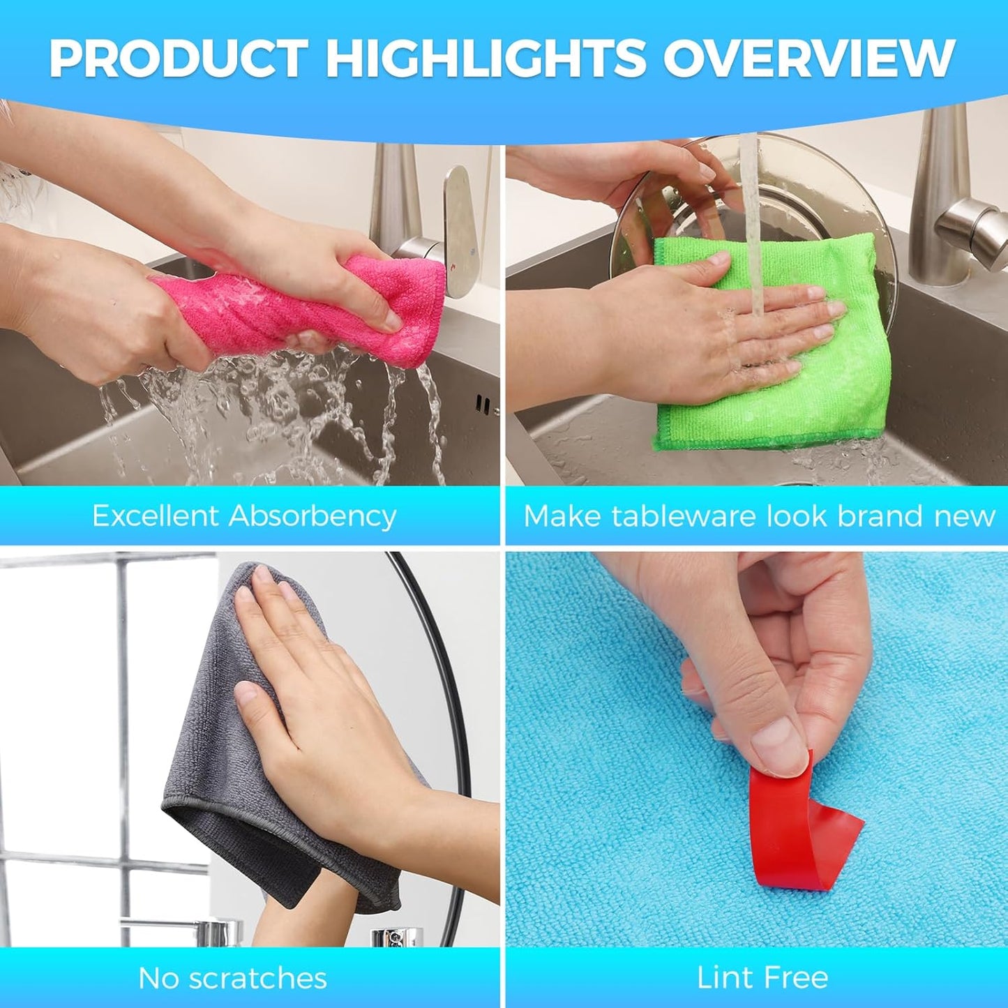 15pcs Microfiber Cleaning Cloth Lint Free, Absorbent, Streak Free, Non-Abrasive, Reusable and Washable，Cleaning Towels with 5 Color Assorted,11.5"X11.5"(Green/Blue/Yellow/Pink/Grey)