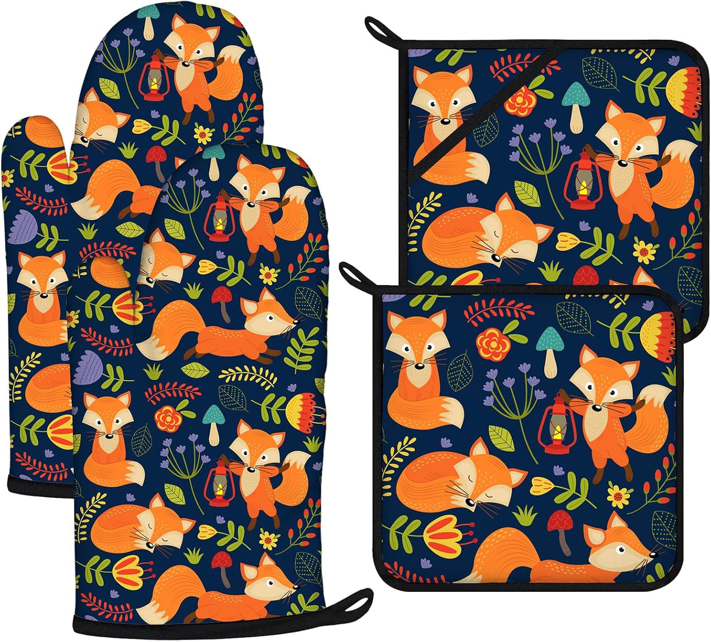 Cute Fox Oven Mitts and Pot Holders Sets 4Pcs,Extra Long Oven Gloves Potholder for Kitchen Cooking Baking BBQ 100% Cotton Heat Resistant