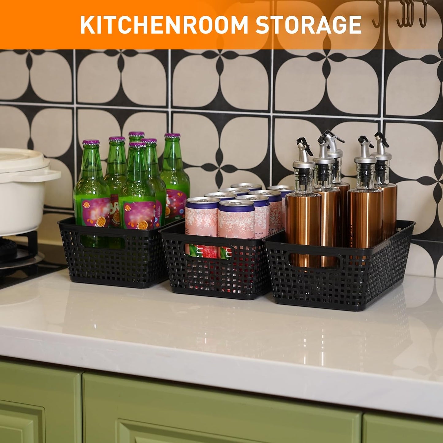 Plastic Storage Baskets With Lid, Storage Bins for Organizing, Stackable Decorative Containers for Shelves Drawers Desktop Closet Playroom Classroom Office, 8 Pack-Black