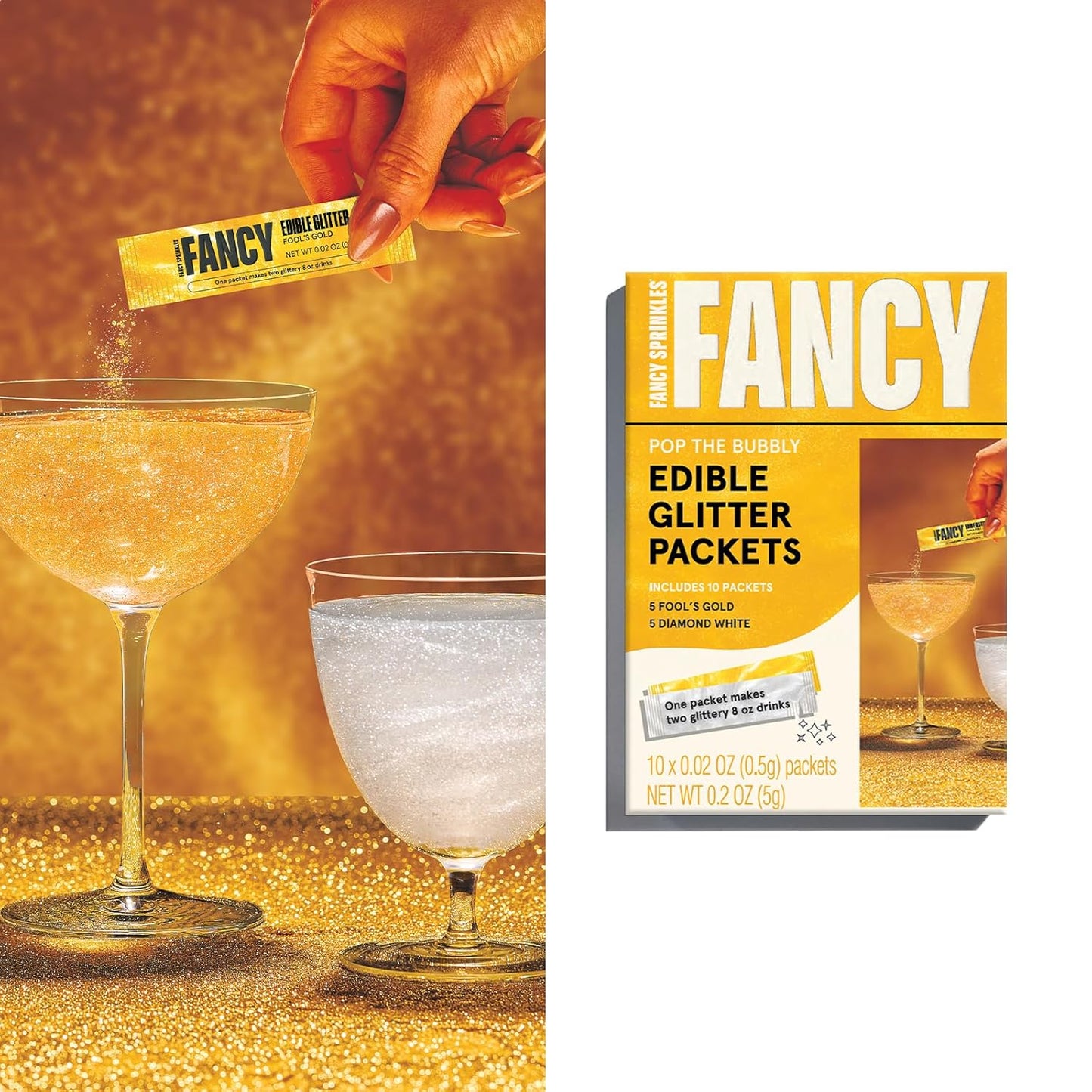Fancy Sprinkles Pop The Bubbly Edible Glitter Packets Portable & On-The-Go for Sparkling Drinks, Champagne, Cocktails, Wine, Beer, & more. (1 Pack)