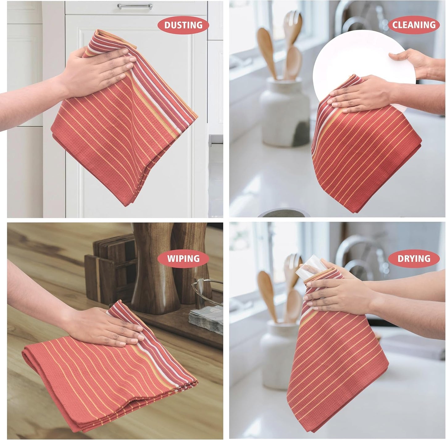 Urban Villa Fall Kitchen Towels 100% Cotton Highly Absorbent Dish Towels Rust Color Set of 6 Size-20"X30" Waffle Salsa Stripes Thanks Giving Dish Cloths & Dish Towels with Hanging Loop Tea Towels