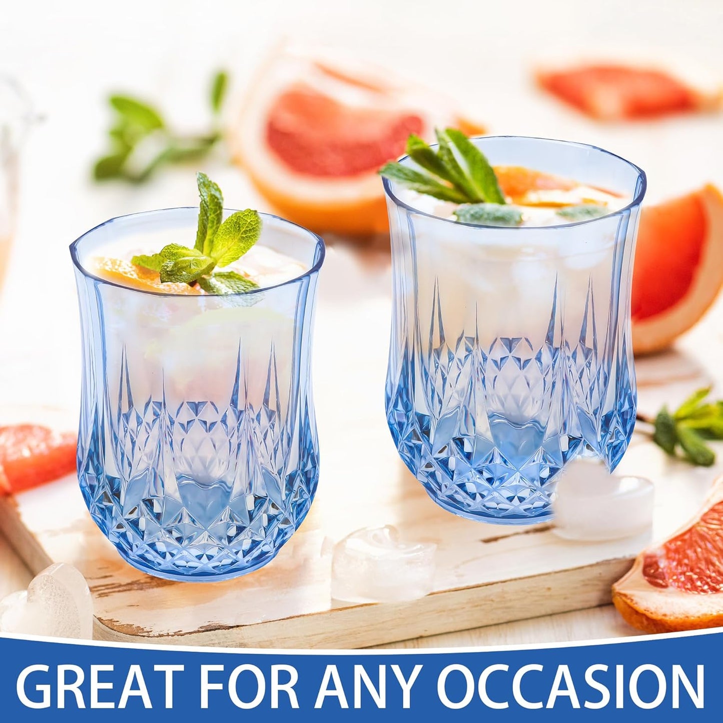 24 PCS Blue Stemless Wine Glasses，Plastic Reusable Cups 9OZ Vintage Drinking Glasses Tumblers for Whisky, Beer, Juice, Beverages, Cocktai