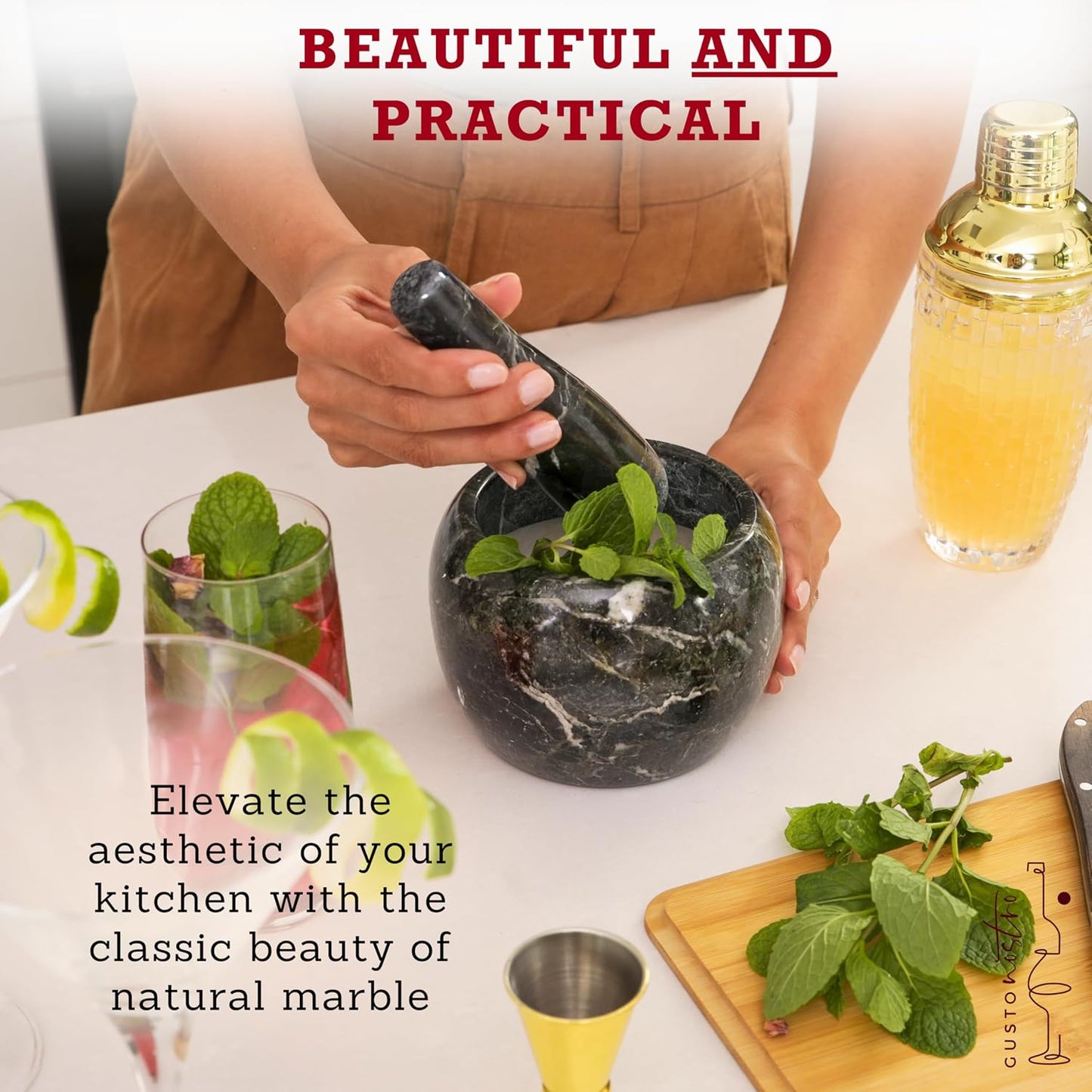 Gusto Nostro Natural Marble Mortar and Pestle Set | 5 Inch - 2.5 Cup Large Mortar Pestle Set for Grinding Herbs, Nuts, Grains | Pesto Grinding and Guacamole Stone Bowl | Marble Spice Crusher