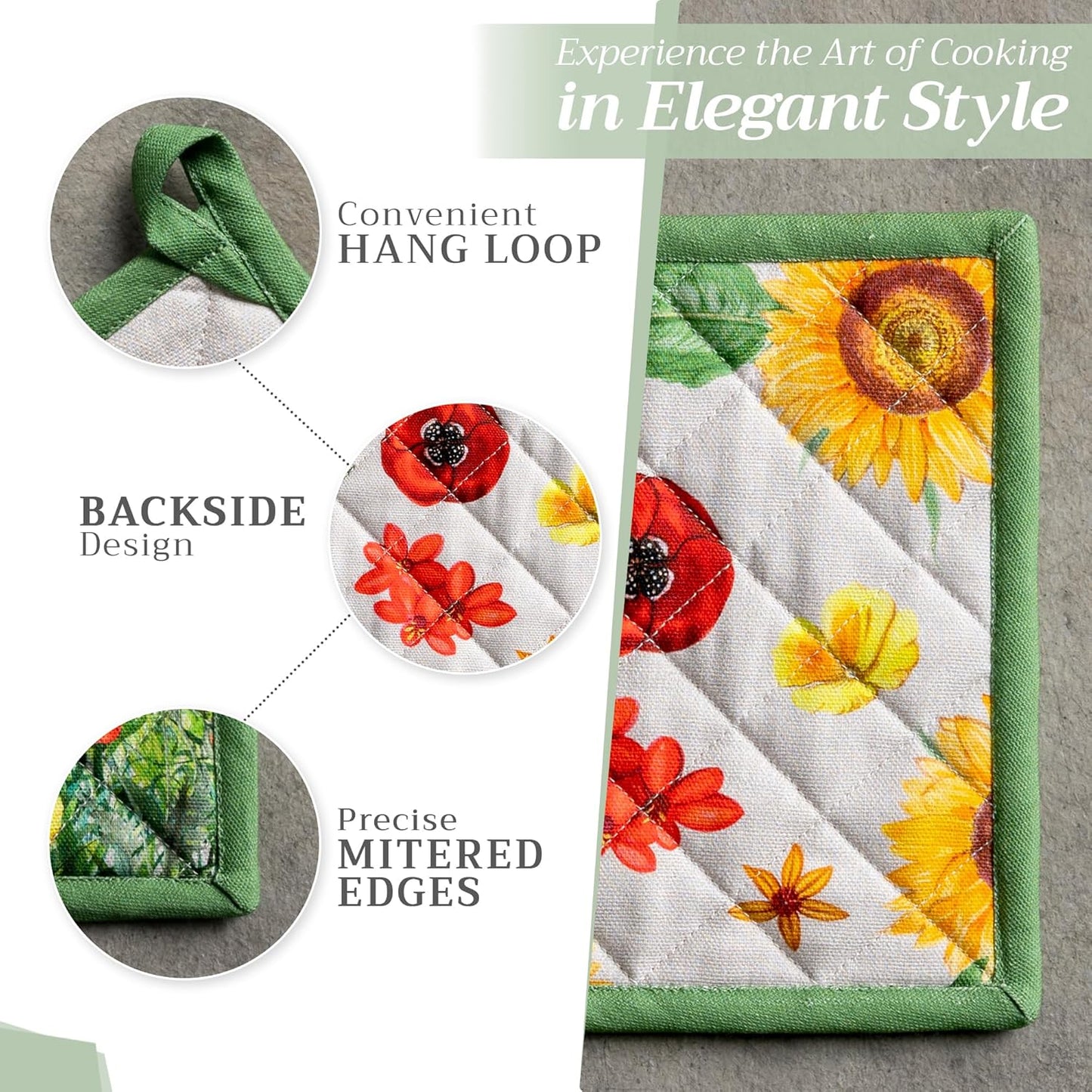 Maison d' Hermine 100% Cotton Oven Mitt & Pot Holder Set (7.5"x13" & 8"x8") Heat Resistant BBQ Cooking Gloves with Loop, Baking, Grilling, Kitchen, Handling Hot Pans Spring/Summer (Basse Cour)