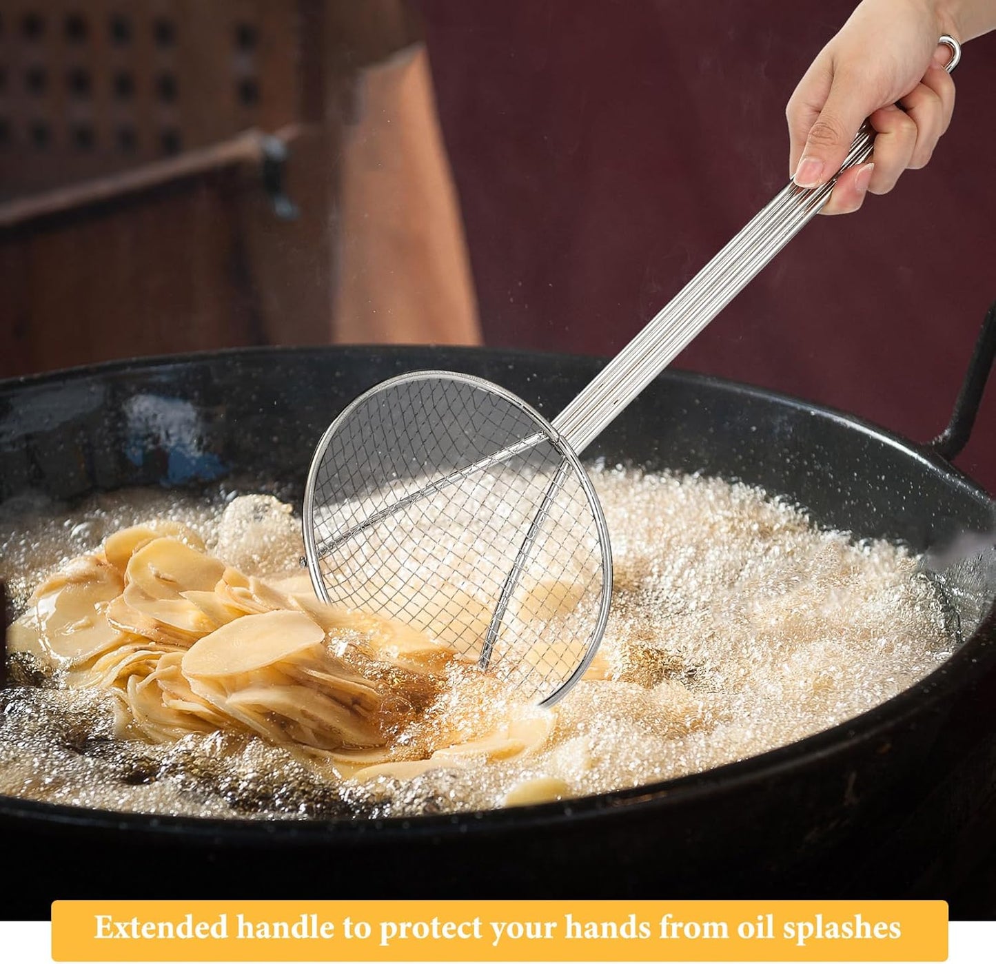 Baderke 2 Pcs 16 Inch Stainless Steel Skimmer Round Plated Wire Strainer Fryer Spoon Mesh Stirring with Long Handle for Kitchen Fried Food Cooking Straining Frying