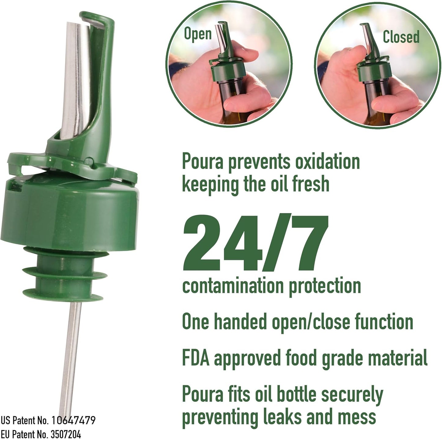 Poura Glass Olive Oil Bottle Drizzler with Pourer Spout - Hygienic Open and Close Pourer Prevents Oxidation Keeping Olive Oil Fresh - Includes Funnel for No Mess Or Wastage