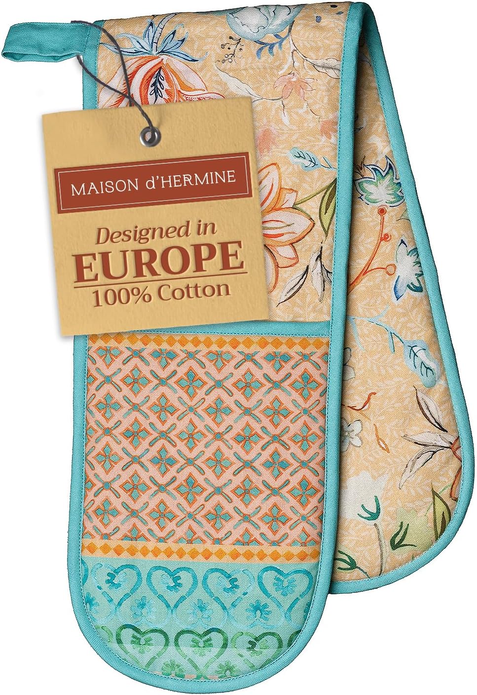 Maison d' Hermine Double Oven Mitts 100% Cotton 7"x35" Double Oven Mitt Heat Resistant BBQ Cooking Gloves with Loop, Baking, Grilling, Kitchen, Handling Hot Pans Spring Summer (Luxury Loft – Peach)