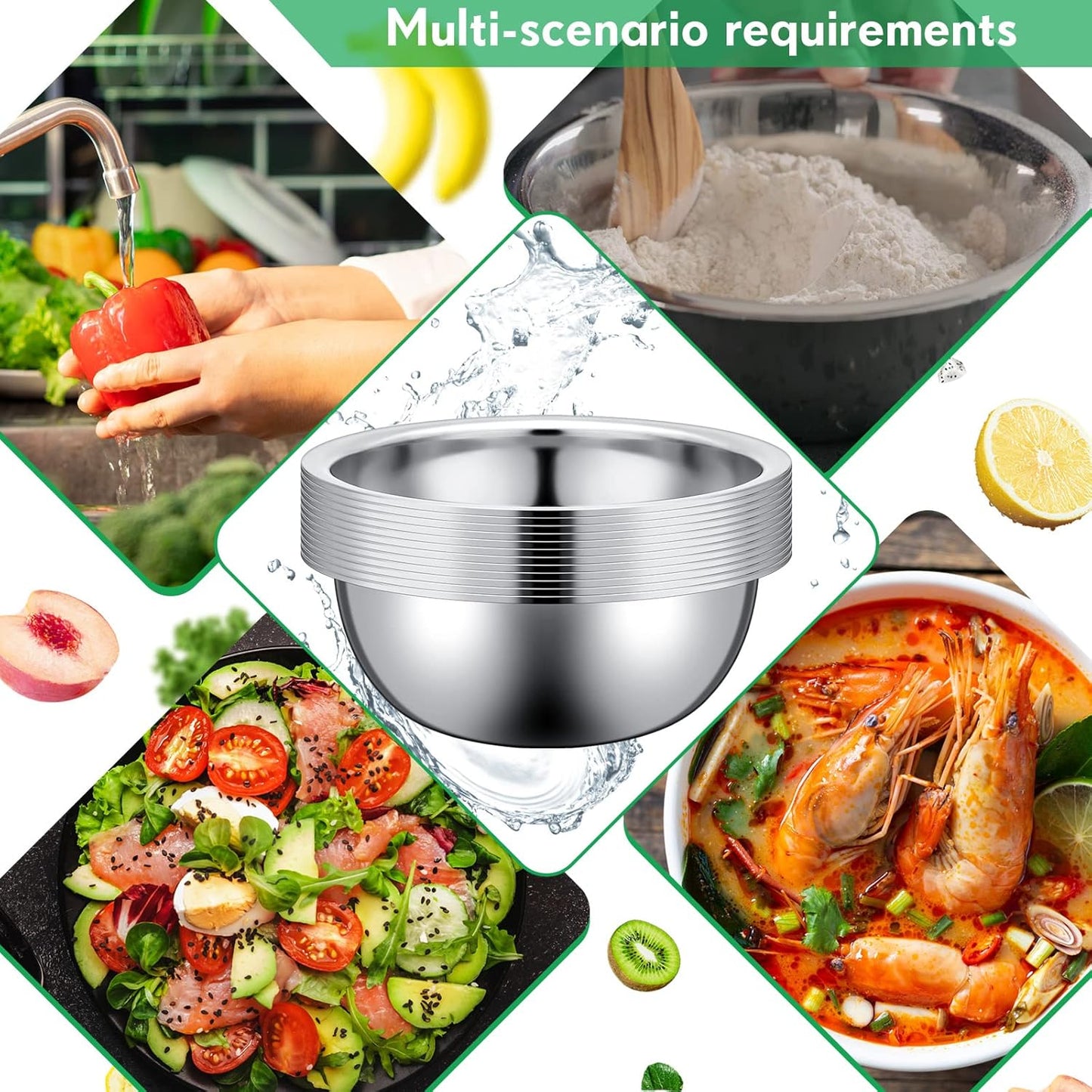 Pinkunn Set of 12 Stainless Steel Mixing Bowls, Nesting Metal Prep Salad Bowl Bulk Kitchen Large Reusable Baking Food Container for Hotel Restaurant Home Cooking, Silver(11 x 3.54 Inch)