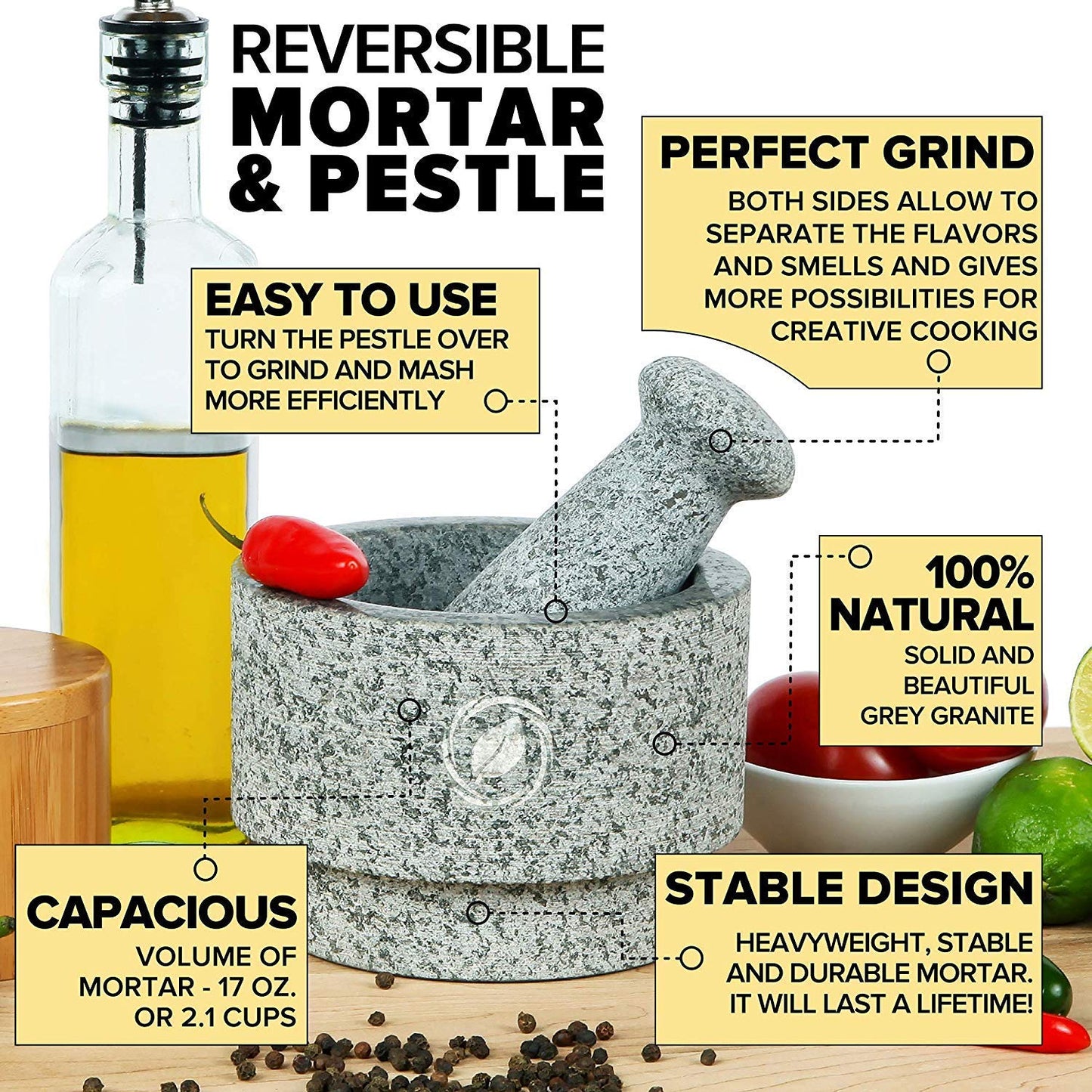 Laevo Mortar and Pestle Set (Large) - Stone Spice Grinder - Grinding Bowl and Pestle - Reversible Molcajete Mexicano - Large Mortar and Pestles Set for Guacamole, Spices - 2.1 Cup, Gray Granite