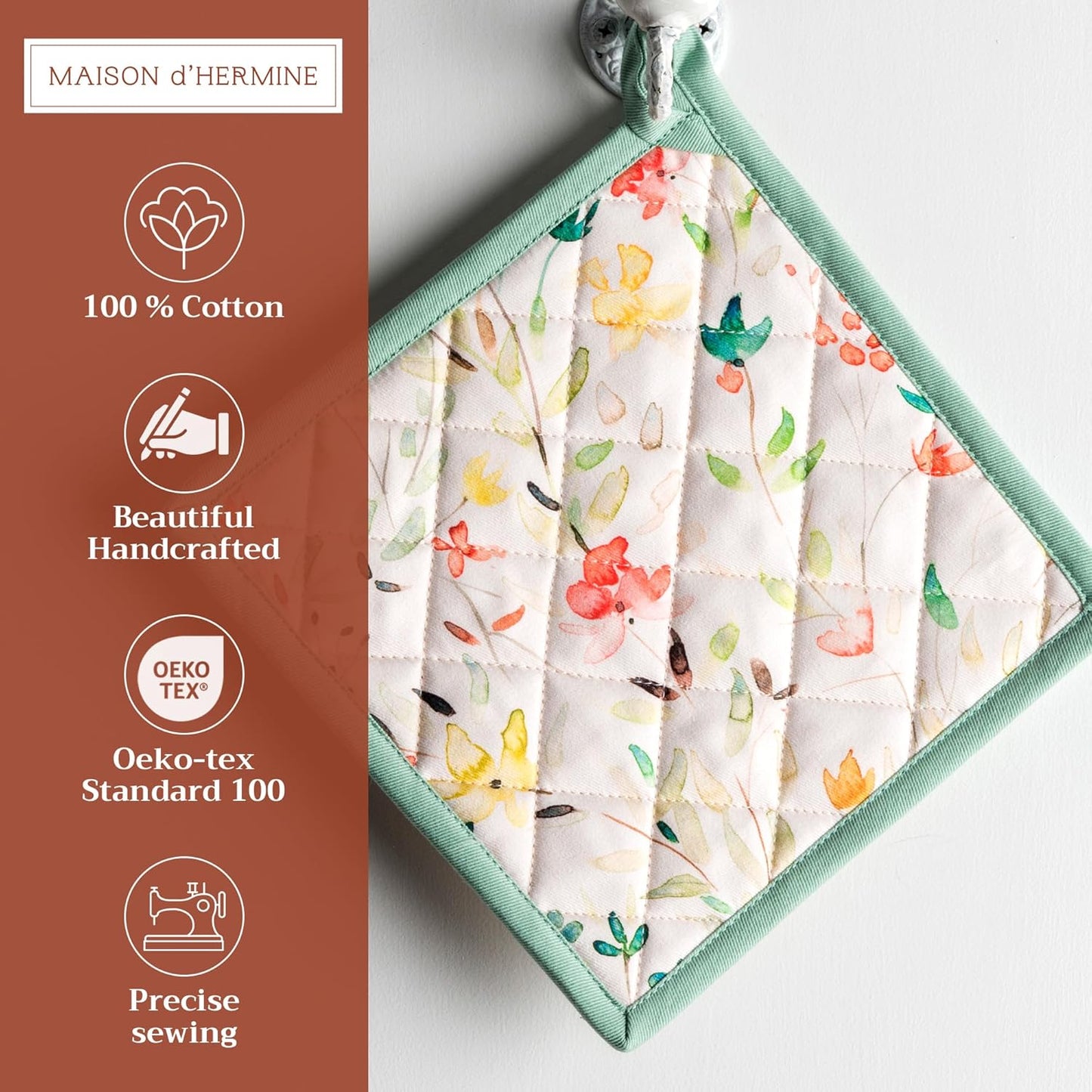 Maison d'Hermine Pot Holders 100% Cotton Heat Resistant Potholders 8" x 8" Hot Pads with Loop BBQ, Cooking, Baking, Grilling, Kitchen, Handling Hot Pans Spring/Summer (Pack of 1, Colmar)