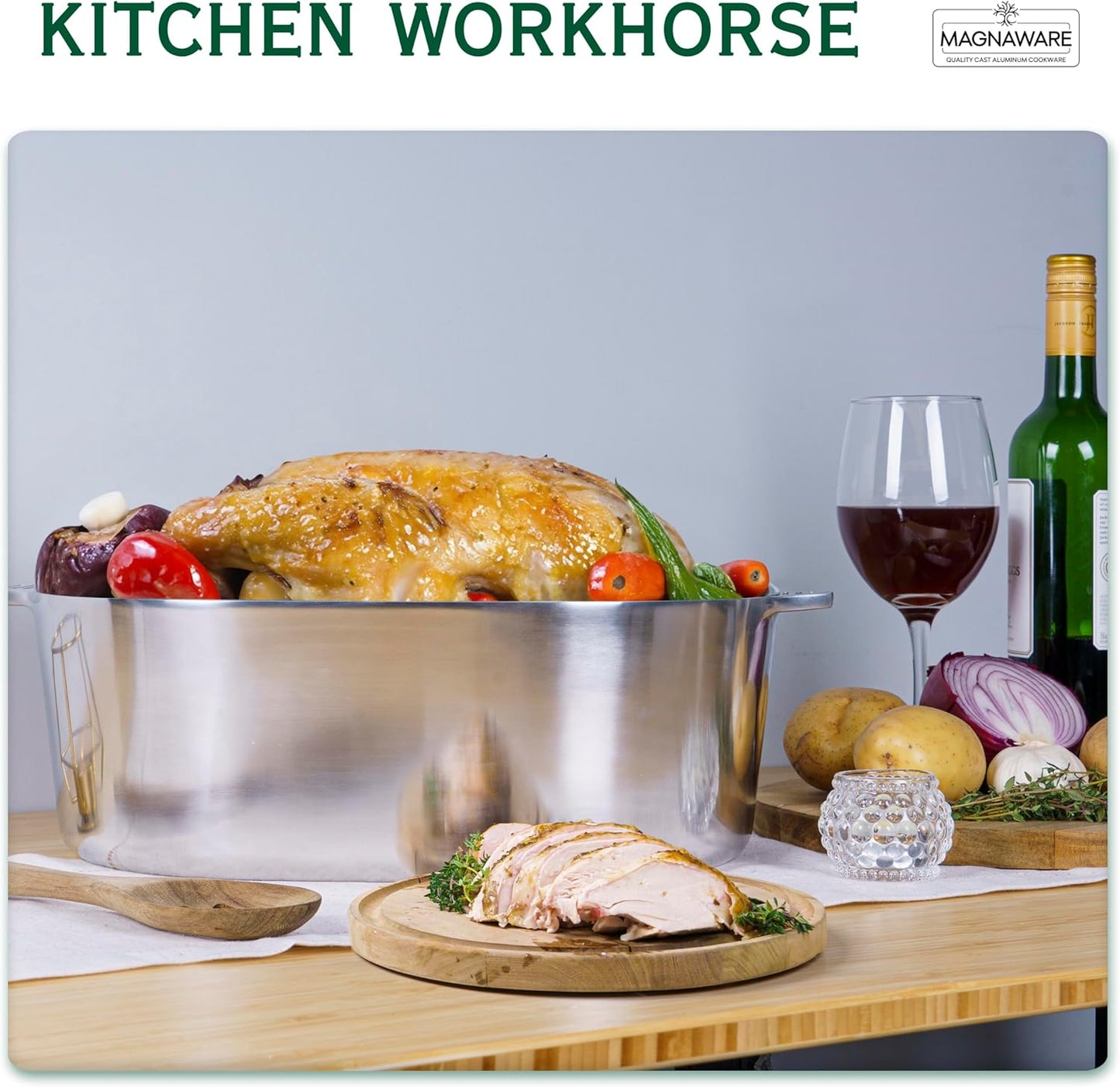 Cast Aluminum Oval Dutch Oven with Lid - 10 QT Heavy Duty & Lightweight Roaster Pan with Rack & Silicone Cover Dual Handles — Cajun Cookware for Roasting, Baking, Cooking (15" - Large)