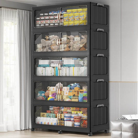 275Gal Plastic Stackable Storage Bins with Lid, 1100QT Extra Large Closet Organizers Collapsible Cabinets Boxes With Drawers, Foldable Containers with 6x Wheels for Home Kitchen, V60 5Pack Black