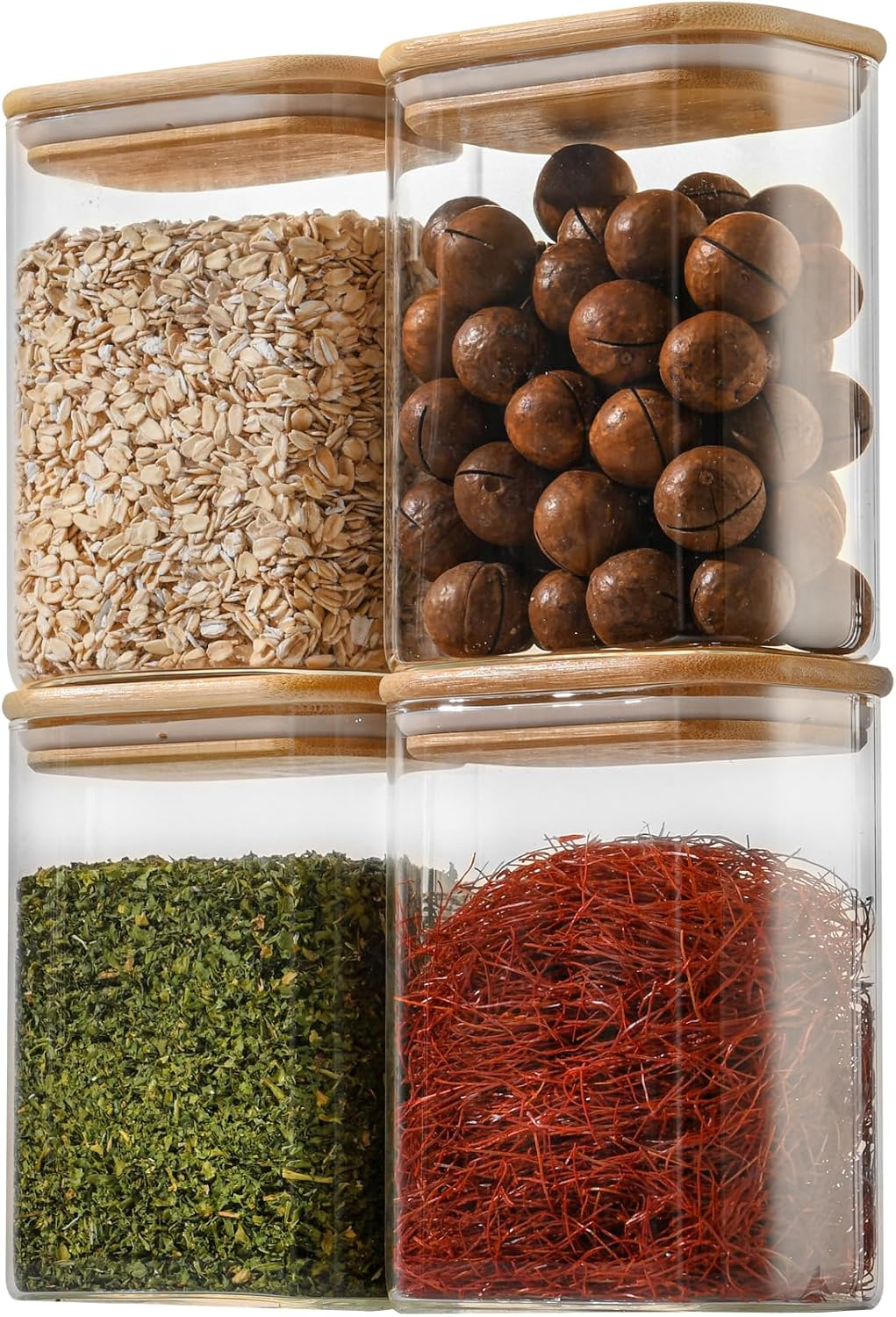 37oz Rectangle Airtight Glass Storage Containers with Bamboo Lids (Set of 4), Square Food Storage Jar, Pantry Organizers for Cereal, Nuts, Snacks and Coffee beans (‎with Black Lable)