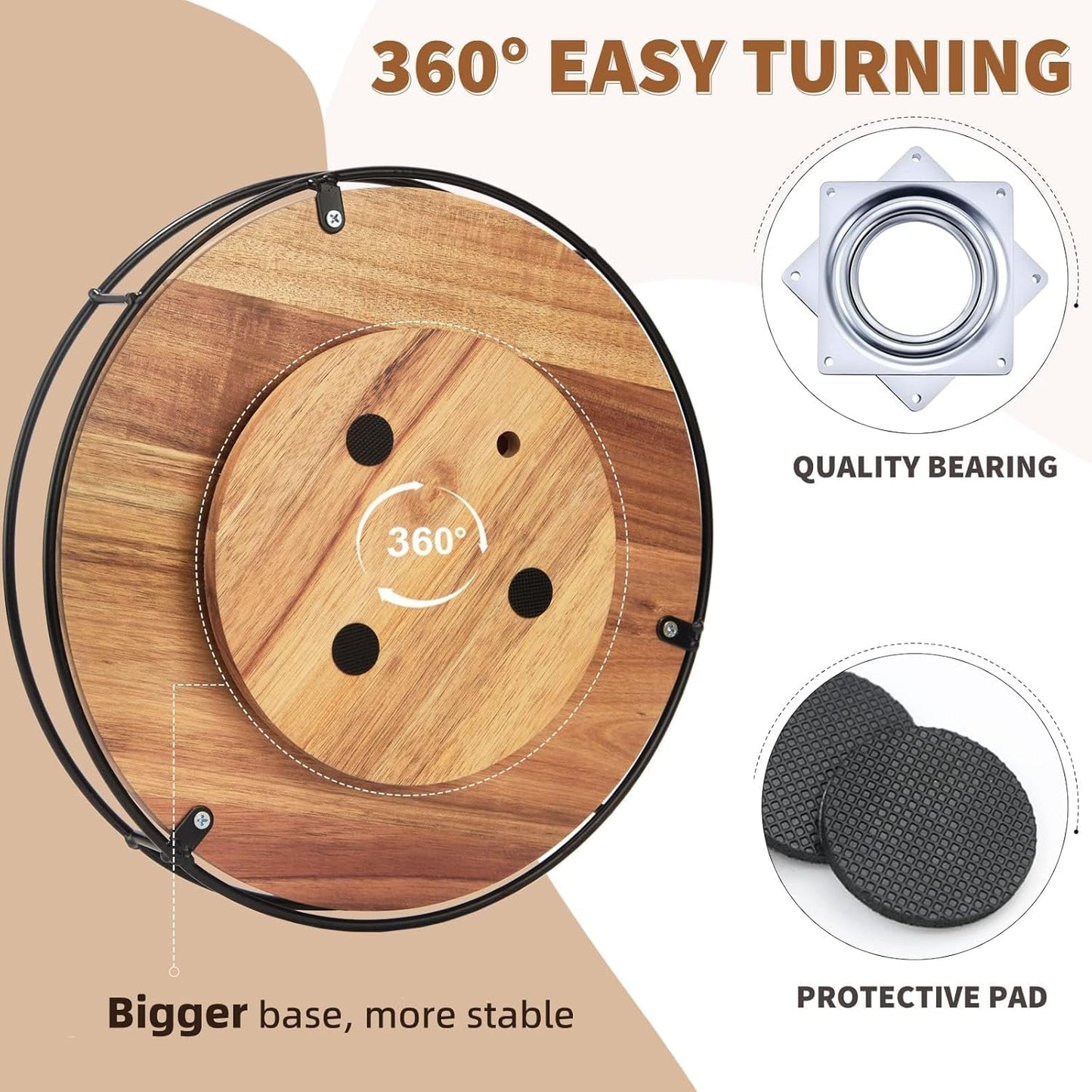 12" Acacia Wood Lazy Susan Turntable, Tomoaza Kitchen Organizer Turntable with Steel Sides, 360 Degree Lazy Susan for Countertop Cabinet or Dining Table(Black)
