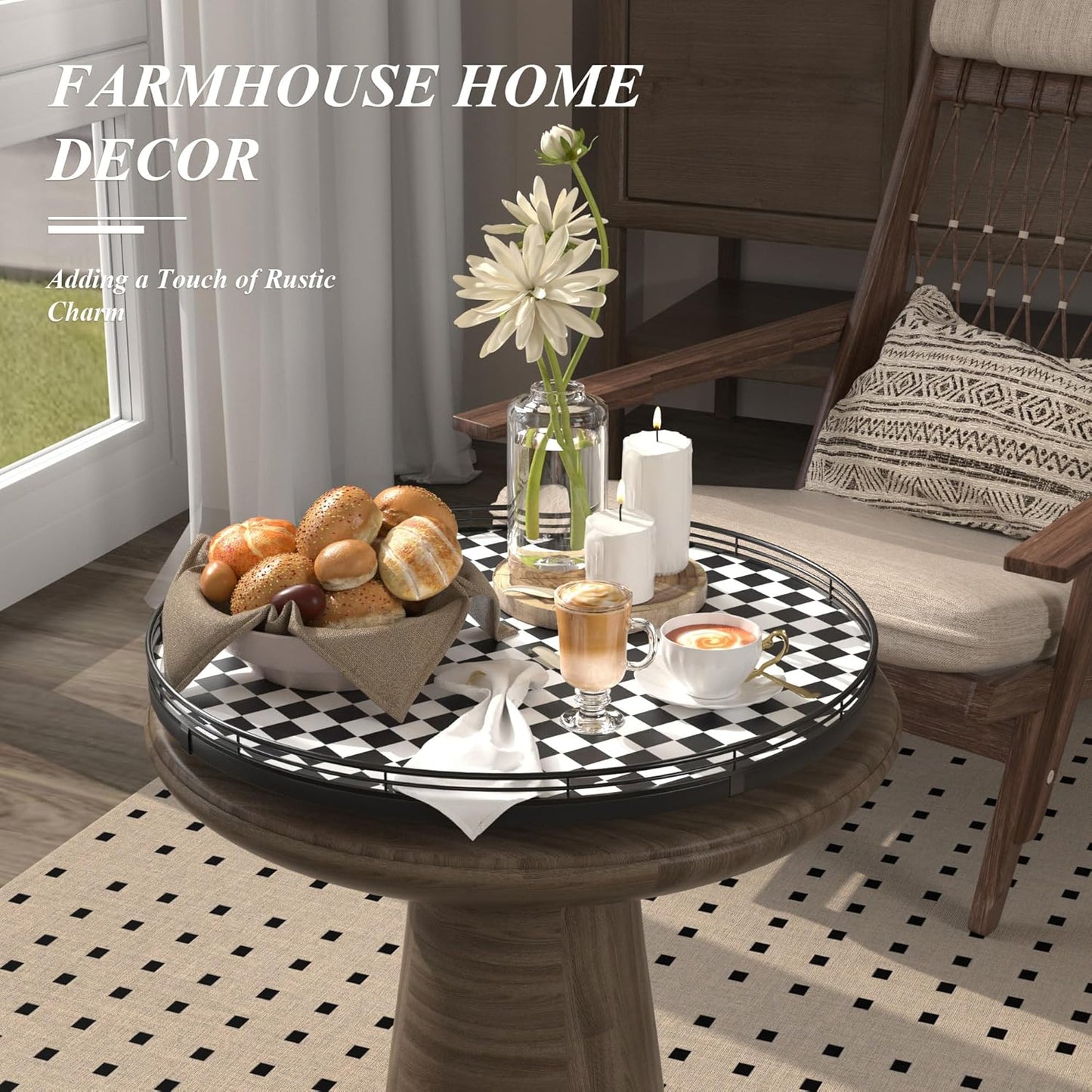 18" Black and White Kitchen Lazy Susan Turntable, Round Checkered Decorative Tray, Large Lazy Susan for Dining Table Centerpiece, Pantry, Kitchen, Bathroom, Countertop, Cupboard, Home Decor