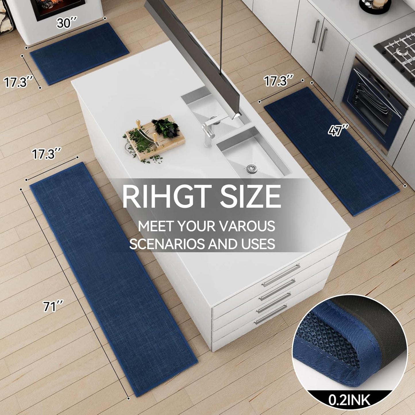 Kitchen Mat Set of 2 PCS, Cushioned Non Slip Rugs for Kitchen Floor, Absorbent Runner Comfort Standing Mats Washable for Kitchen, Office, Home (Dark Blue, 17.3"x47"+17.3"x30")