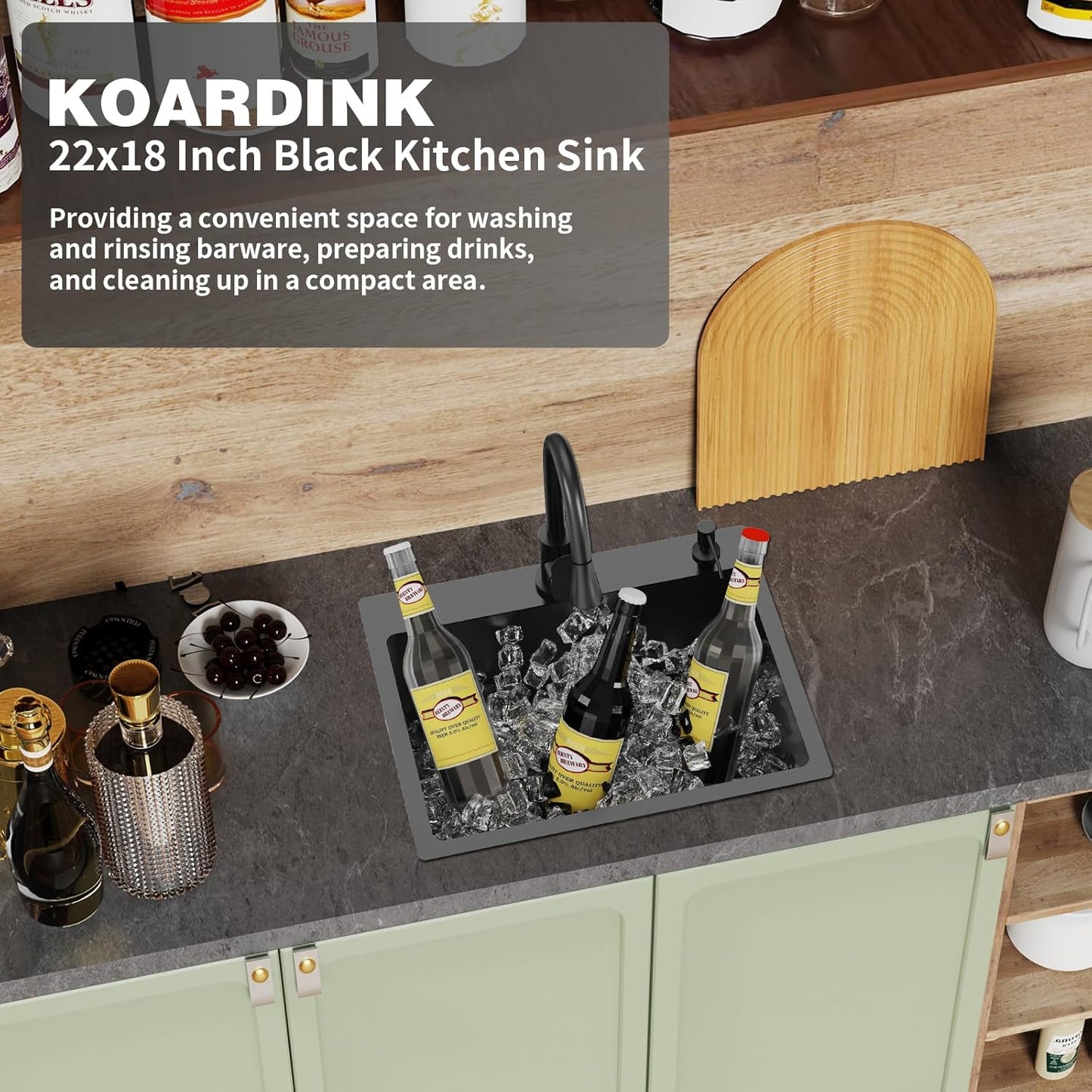 Black Kitchen And Bar Sink, 22x18 Inch Stainless Steel Drop In Kitchen Sink Modern Single Bowl Topmount Bar Sink Combo-Silicon Mat,Drain Strainer Set Compatibility With Various Kitchen & Bar Style