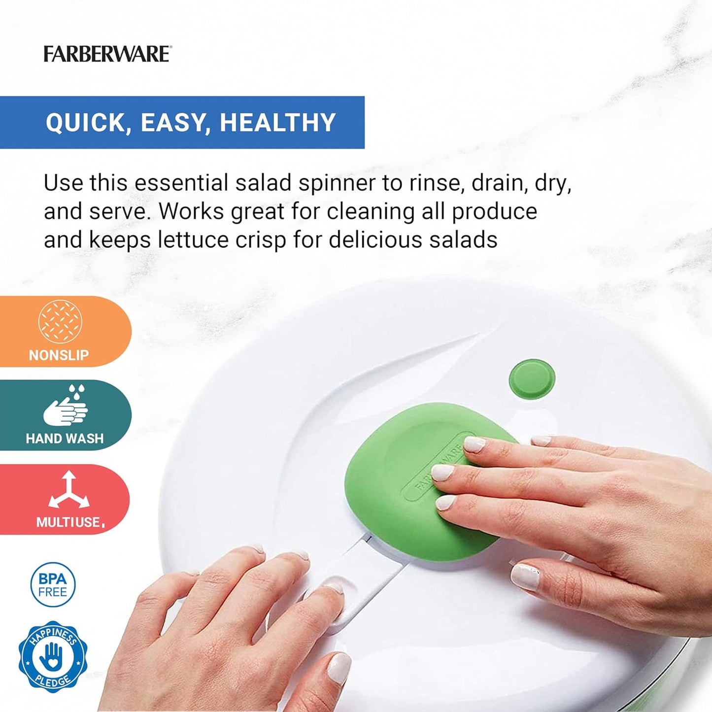Farberware Easy to use pro Pump Spinner with Bowl, Colander and Built in draining System for Fresh, Crisp, Clean Salad and Produce, 6.6 quart, Green