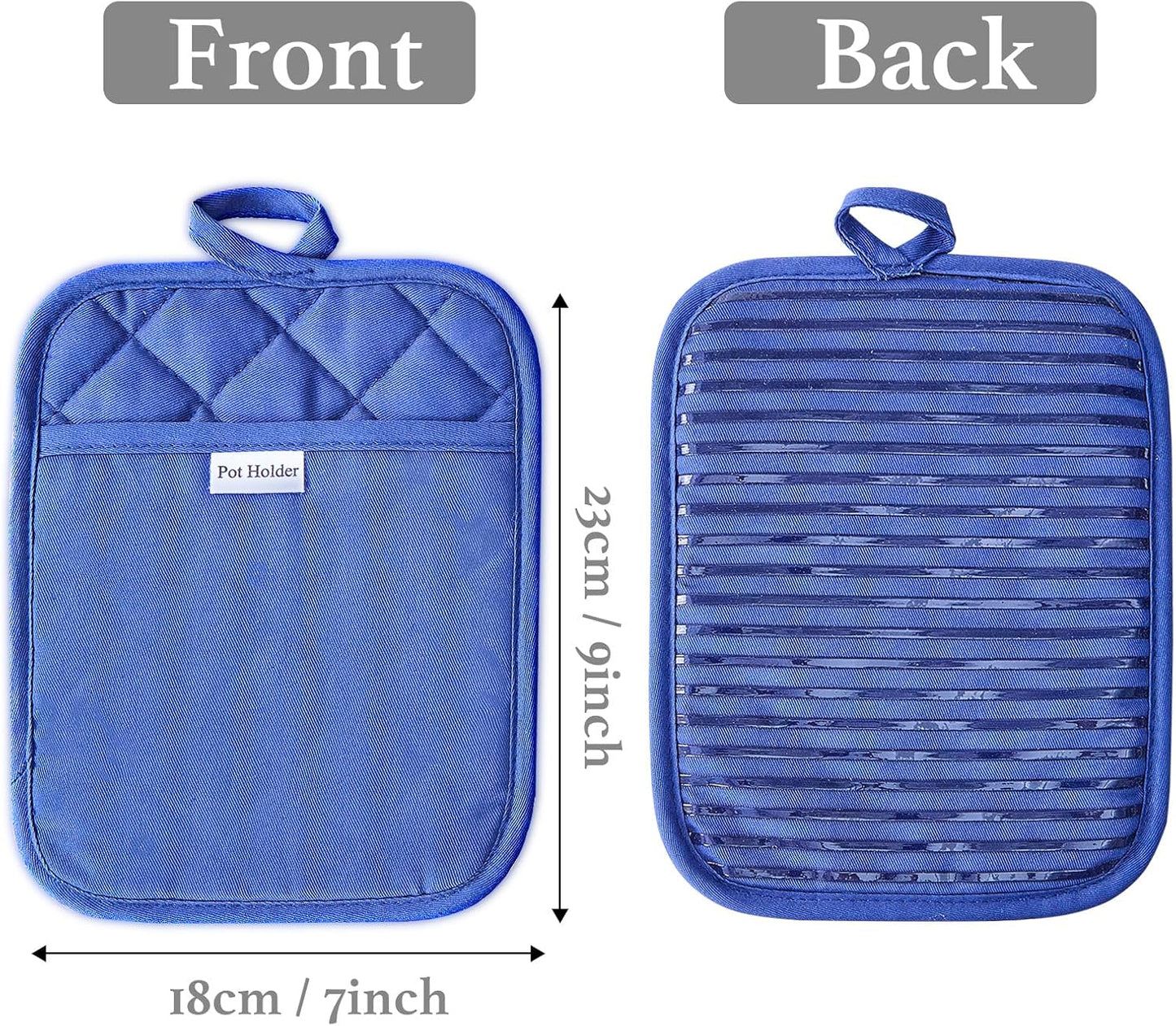 Kitchen Everyday Basic Pot Holder Heat Resistant Coaster Soft Silicone Water Resistant Pot Holder Set Oven Mitts with Pocket, 2 Piece Set, 7"x9" Dark Blue