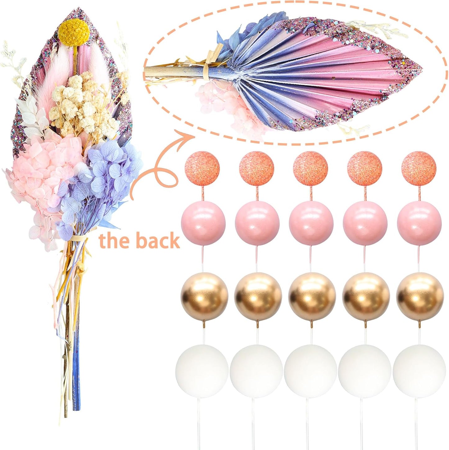 Gyufise 21 Pack Flower Boho Cake Topper Ball Cake Decorations Palm Leaves Plants Cake Decor for Girl Bohemian Princess Theme Wedding Baby Shower Birthday Party Supplies Pink