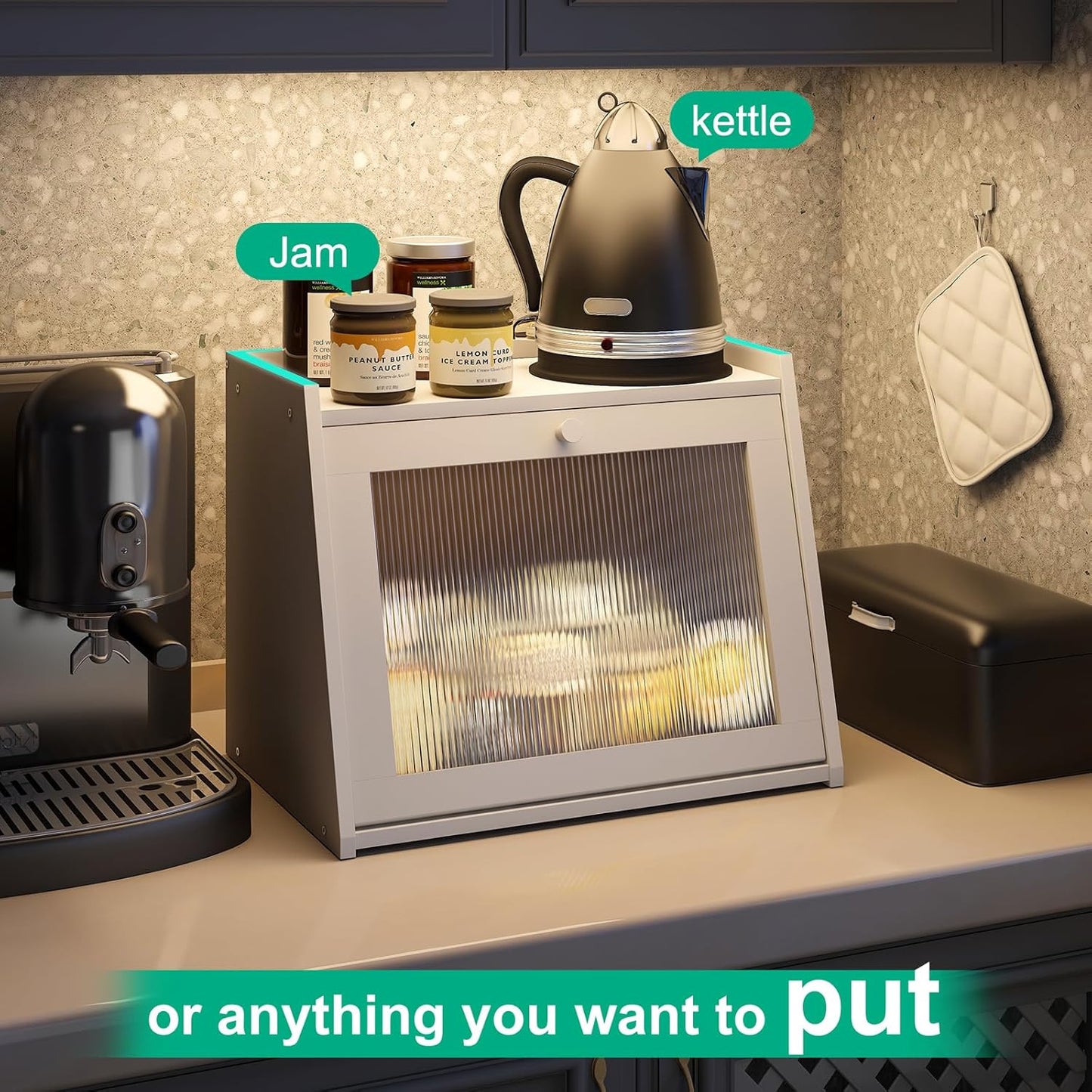 Large Bread Box for Kitchen Counter, White Bamboo Bread Storage Container with Wavy Arcylic Transparent Door, Bamboo Wooden Farmhouse Bread Box for Your House