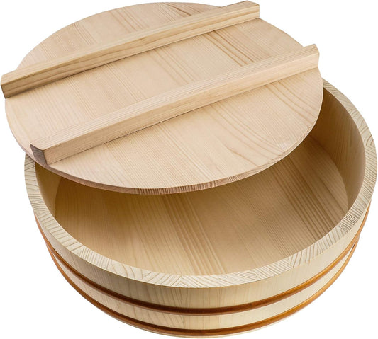 Kichgather Wooden Sushi Rice Bowl with Lid Hangiri Sushi Oke Sushi Rice Mixing Tub (13 “ with lid)
