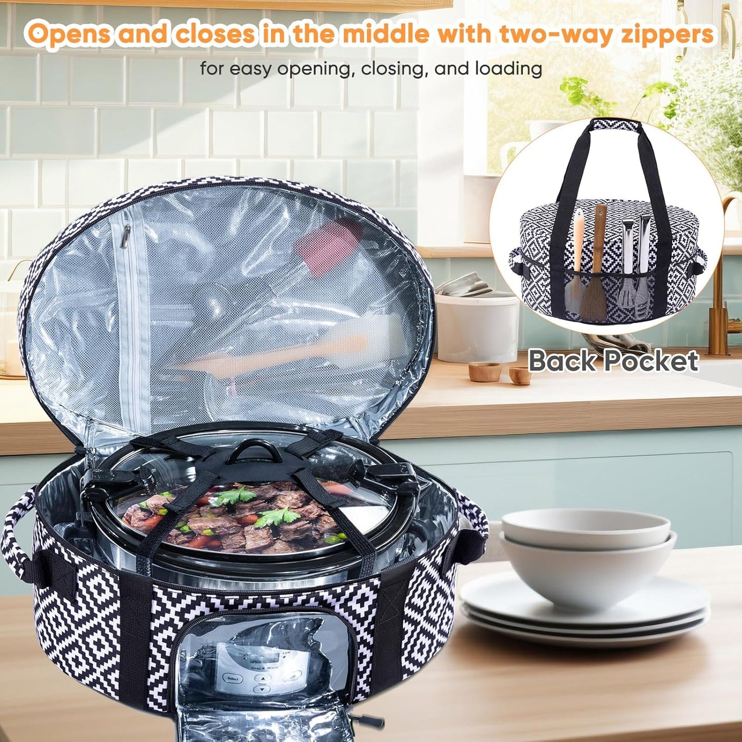 Insulated Slow Cooker Carrying Bag for 6-8 Quart CrockPot and Hamilton Beach Slow Cooker with See-thought Window, Portable Carrier Case with Adjustable Band and Accessory Pocket
