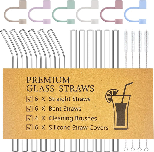 22 PCS Reusable Glass Straws - 6 Straight & 6 Bent Straws (8.5''x0.4") with 4 Cleaning Brushes & 6 Silicone Straw Covers