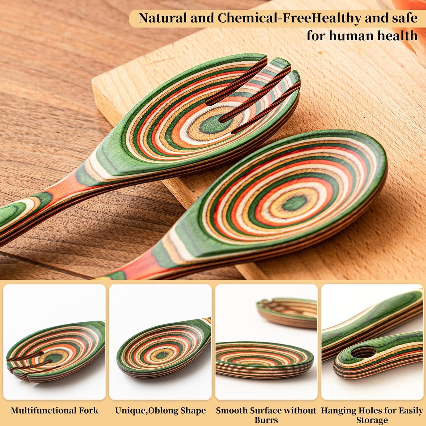 Gudamaye Pakkawood Wooden Salad Server Set,10.5 inch Salad Tongs for Serving including Salad Mixing Dinner Fork and Spoon,Long Handle Salad Server Set