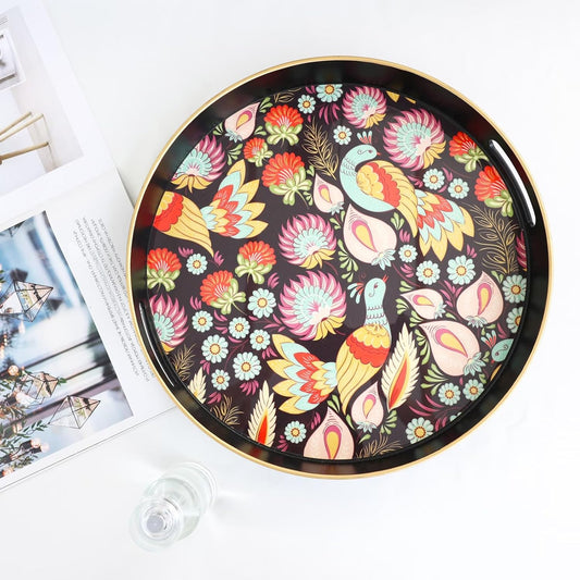 Spsyrine Decorative Serving Tray with Handles, Lacquered Coffee Table Tray for Ottoman, Round Waterproof Platters for Centerpieces, Parties, Living Room, Kitchen Counter Organization Peacock