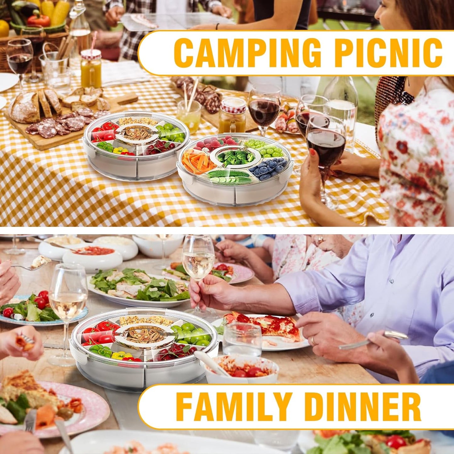 Divided Serving Tray with Lid Rotating Veggie Tray Charcuterie Tray for dinner party, Portable Snack Spinner for Picnic, Travel, Leakproof Serving Platter