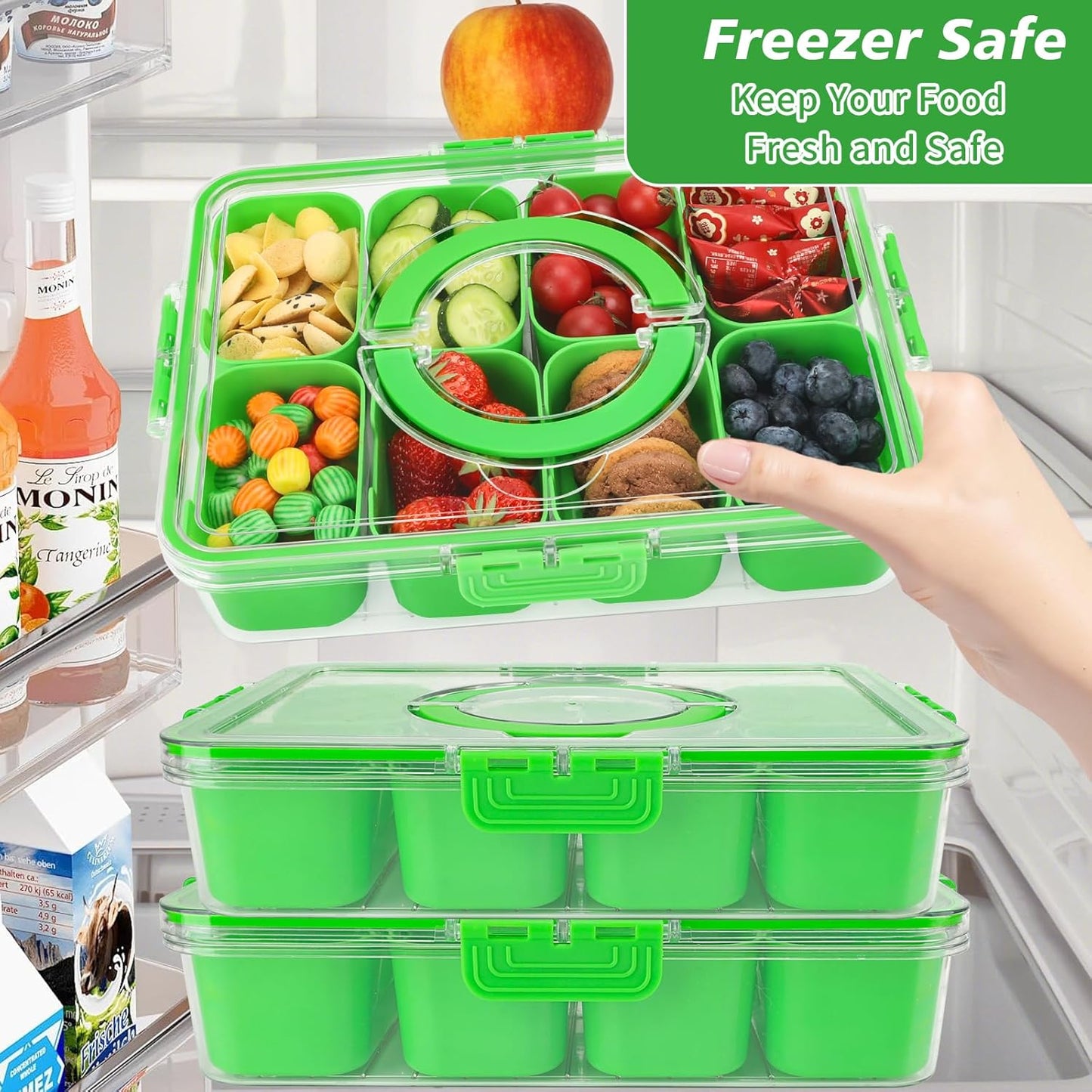 shopwithgreen Snackle Box Charcuterie Container, Divided Serving Tray with Lid and Handle for Party, Veggies, Fruit, Nuts, Food Tray Platter Snack Box Container for Entertaining, Picnic, Green