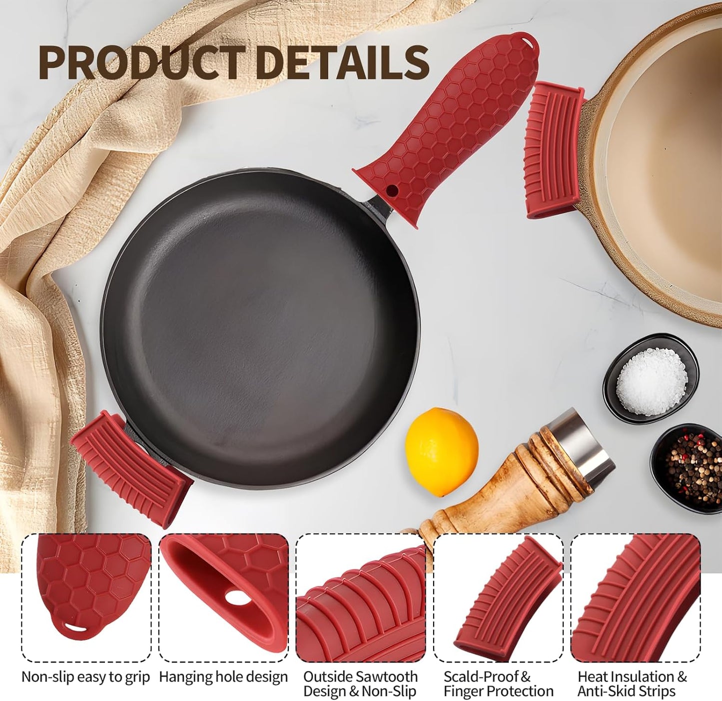 Cast Iron Skillet Handle Covers - 3 Pack Heat Resistant Silicone Pan Handle Sleeve, Non-Slip Pot Handle Covers Potholder for Cast Iron Skillet Pan (Red)