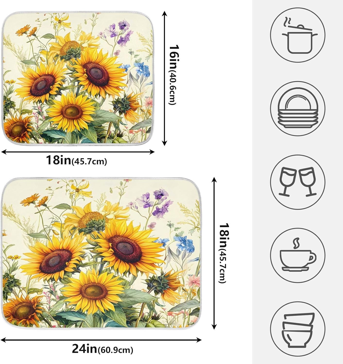 Blooming Sunflowers Dish Drying Mat for Kitchen Counter Absorbent Microfiber Small Drying Pad Dish mats for Kitchen Countertops 16 x 18 Inch