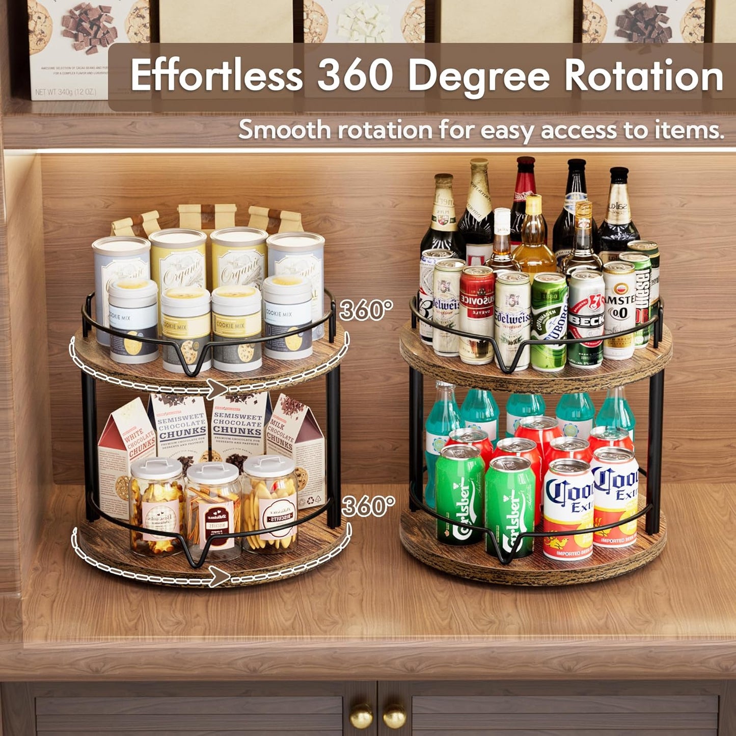 2 Pack 2 Tier Lazy Susan Organizer Wooden Rotating Spice Rack Spice Rack for Countertop 2 Tier Spice Turntable Organizer for Kitchen Countertop and Cabinet Compact and Versatile, Rustic Brown