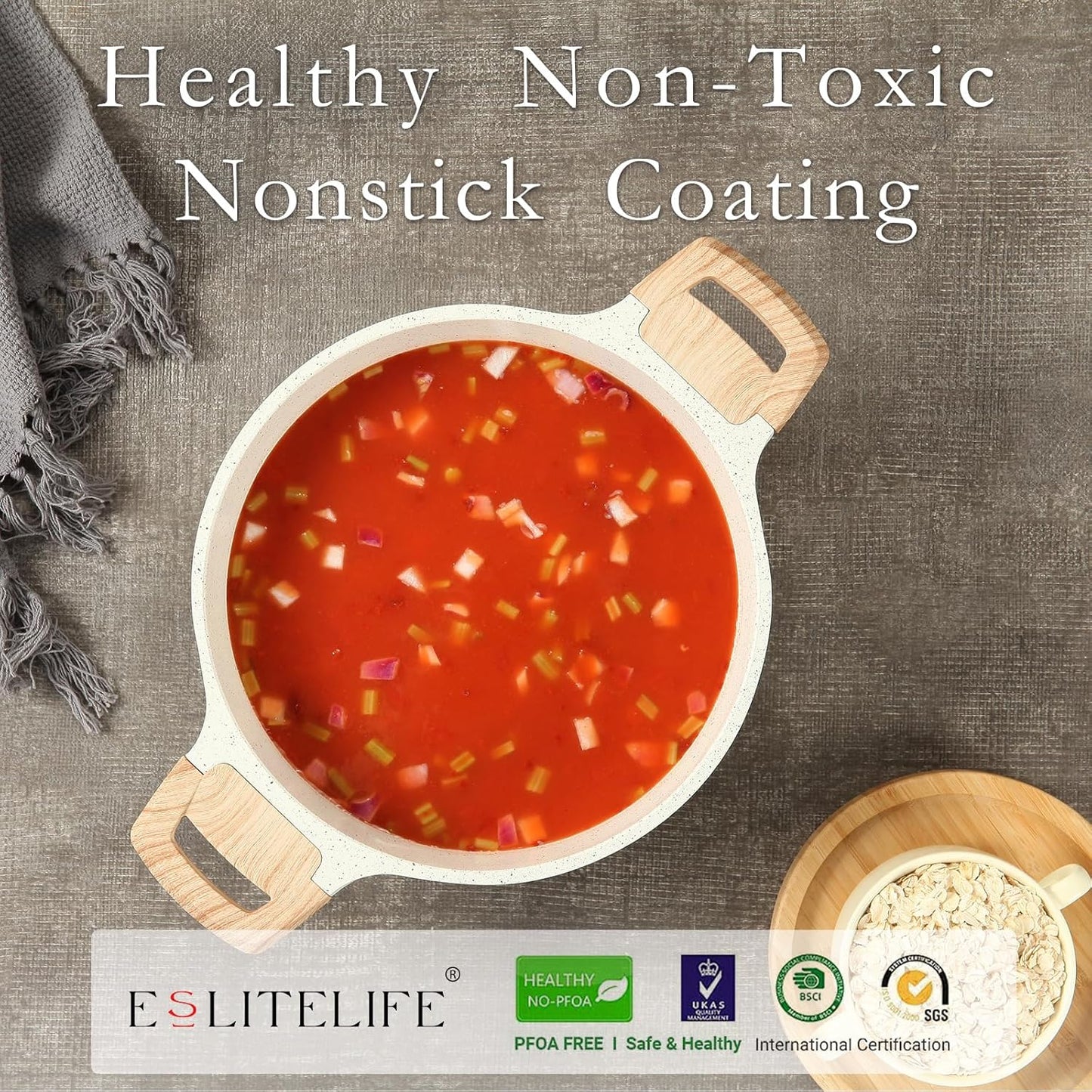 ESLITE LIFE Nonstick Stock Pot with Lid, 5 Quart Granite Casserole Large Soup Pot Pasta Cooking Pot, Induction Compatible, PTFE & PFOA Free, White