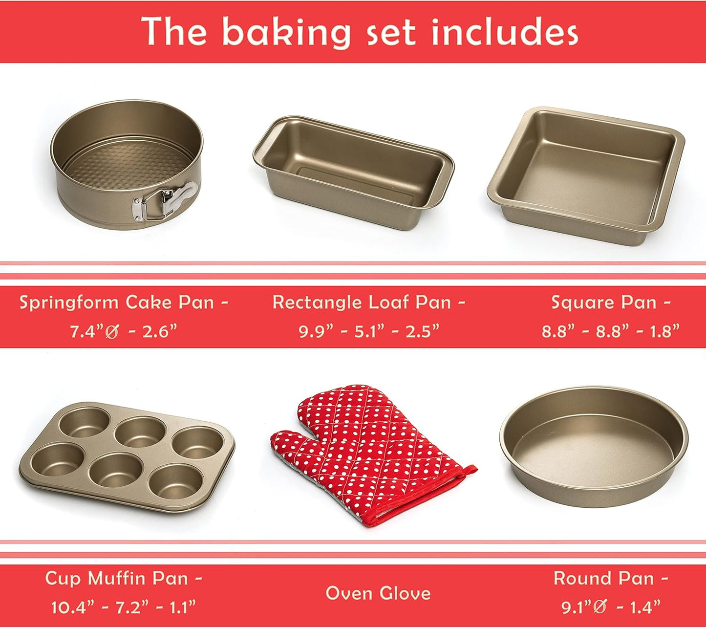 Moss & Stone 5 Piece Baking Pans Set, Carbon Steel Non-Stick PTFE Coating Oven Safe Baking Sheet Set, Bakeware Set With Heat Red Glove, Cookie Sheets For Baking Nonstick Set