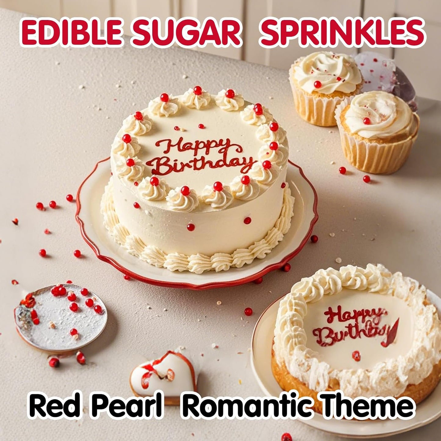 Red Pearl Sprinkles,Edible Pearl Sugar Sprinkles,Baking Edible Cake Decorations,Cupcake Toppers,Cookie Decorating,Donuts Ice Cream Toppings,Wedding Birthday Party Valentines Christmas Supplies,130g/4.58oz