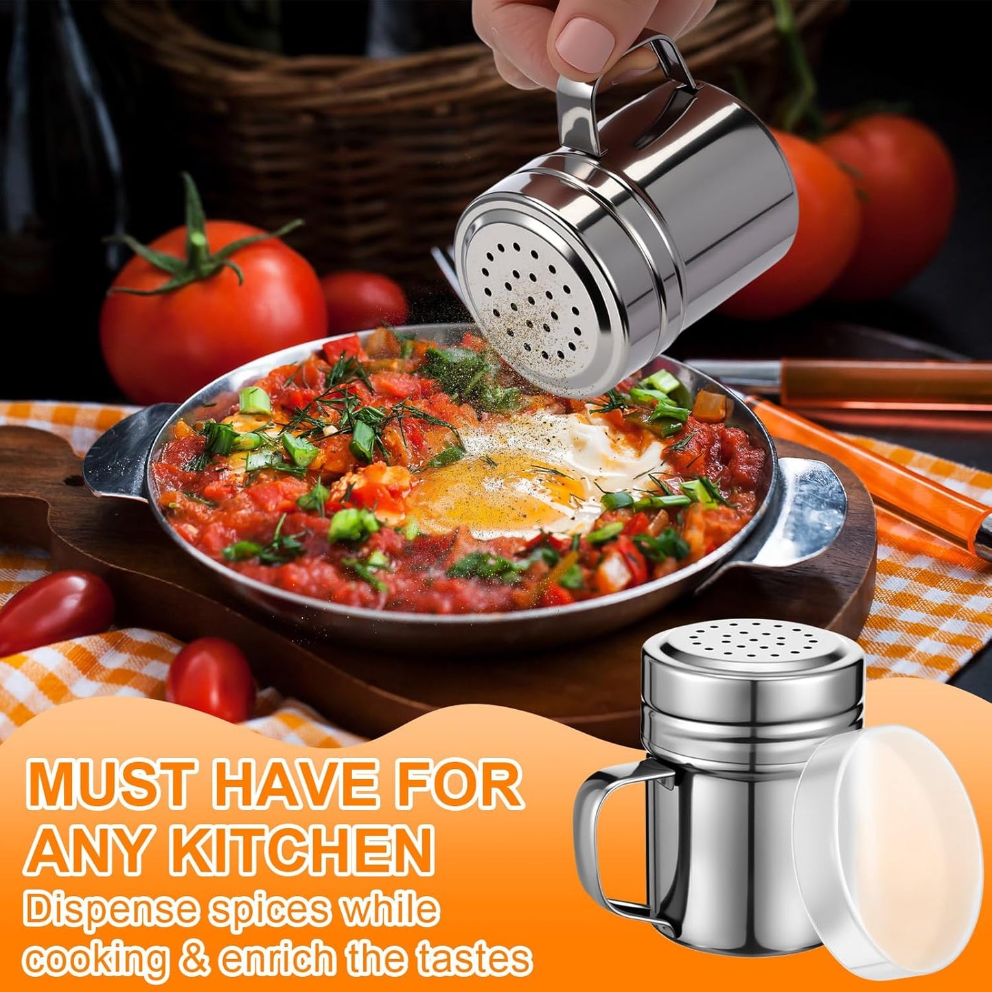 Lallisa 6 Pcs Stainless Steel Salt and Pepper Shakers with Lid and Handle Dredge Spice Seasoning Condiment Popcorn Salt Shaker Powder Sugar Flour for Cooking Kitchen Baking (6oz)