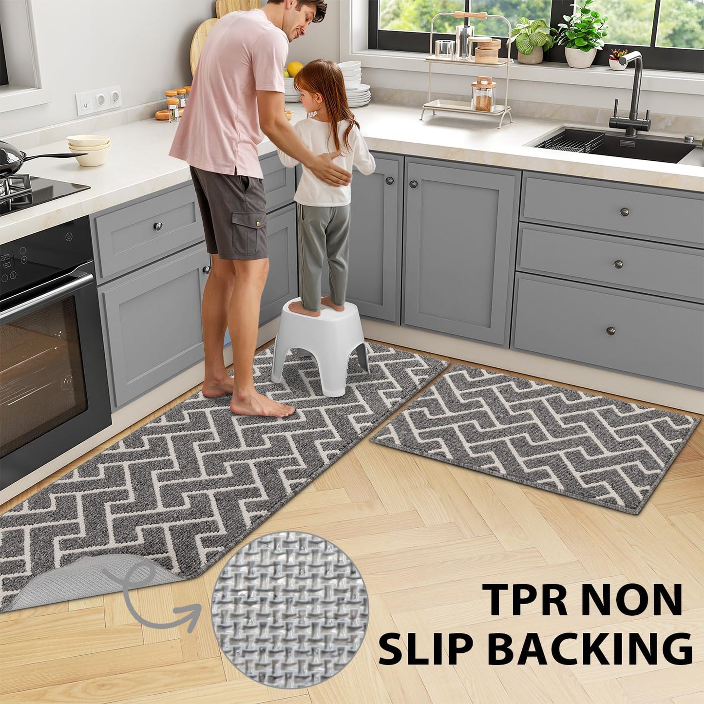 hicorfe Kitchen Rugs and Mats Sets,Non-Slip 2 Pieces Absorbent 100% Polypropylene Rug,Comfort Kitchen Runner Mat,Washable for Kitchen,Sink,Laundry(20" x 31.5" Plus 20" x 59",Grey)